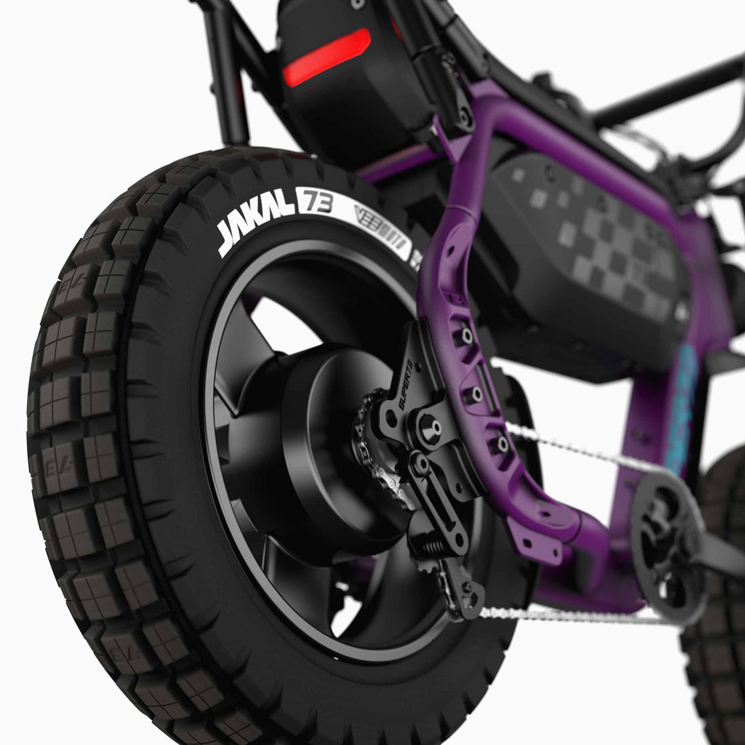 Close up image of the rear JAKAL tire on the SUPER73-MZFT ebike in Cullenberry.