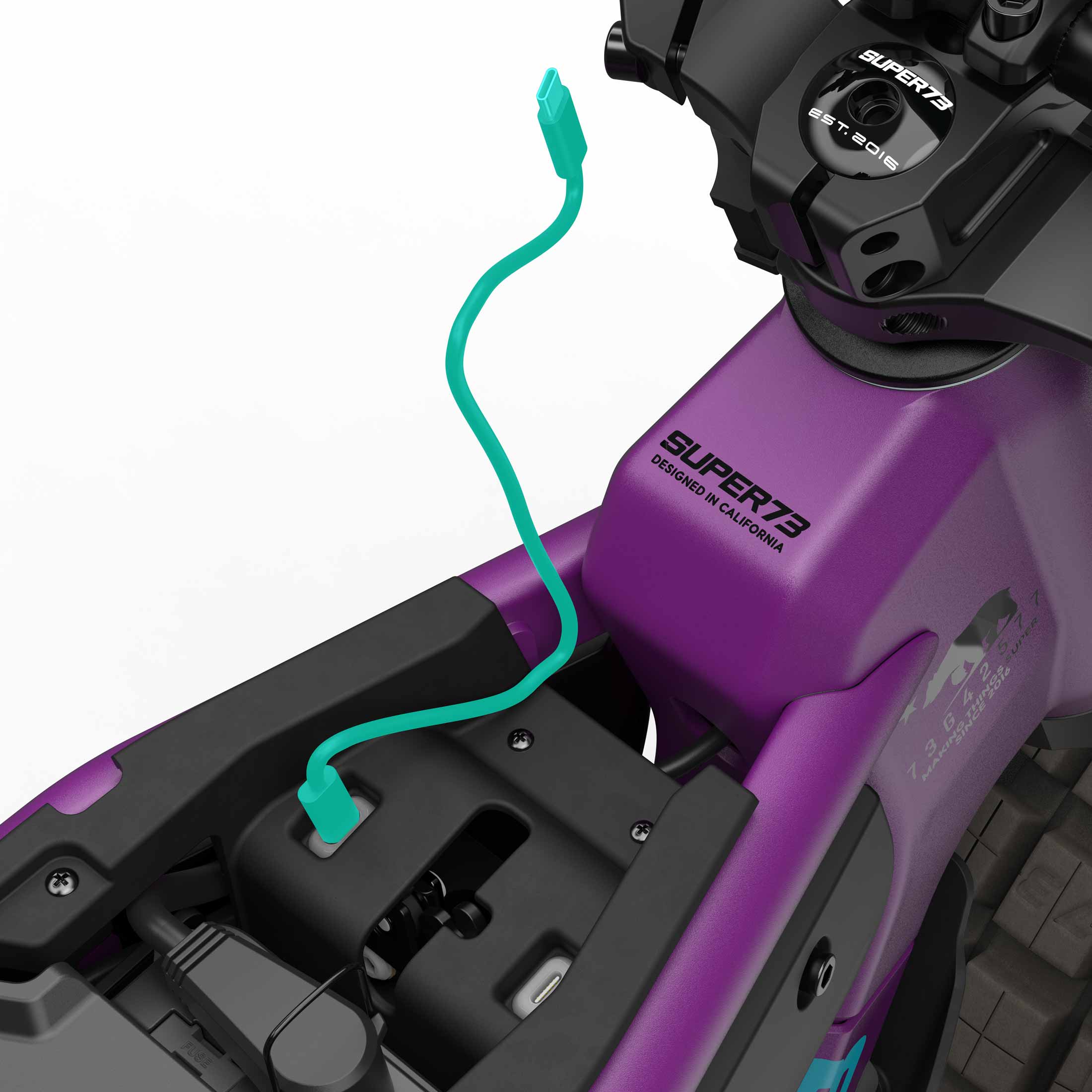 Close up of the USB-C charging port on the SUPER73-MZFT ebike in Cullenberry.