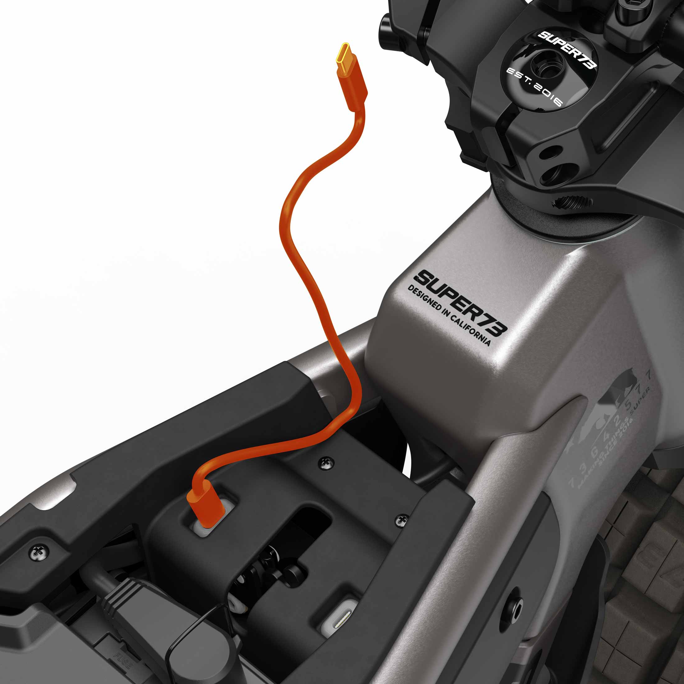 Close up of the USB-C charging port on the SUPER73-MZFT ebike in Titanium Ore.