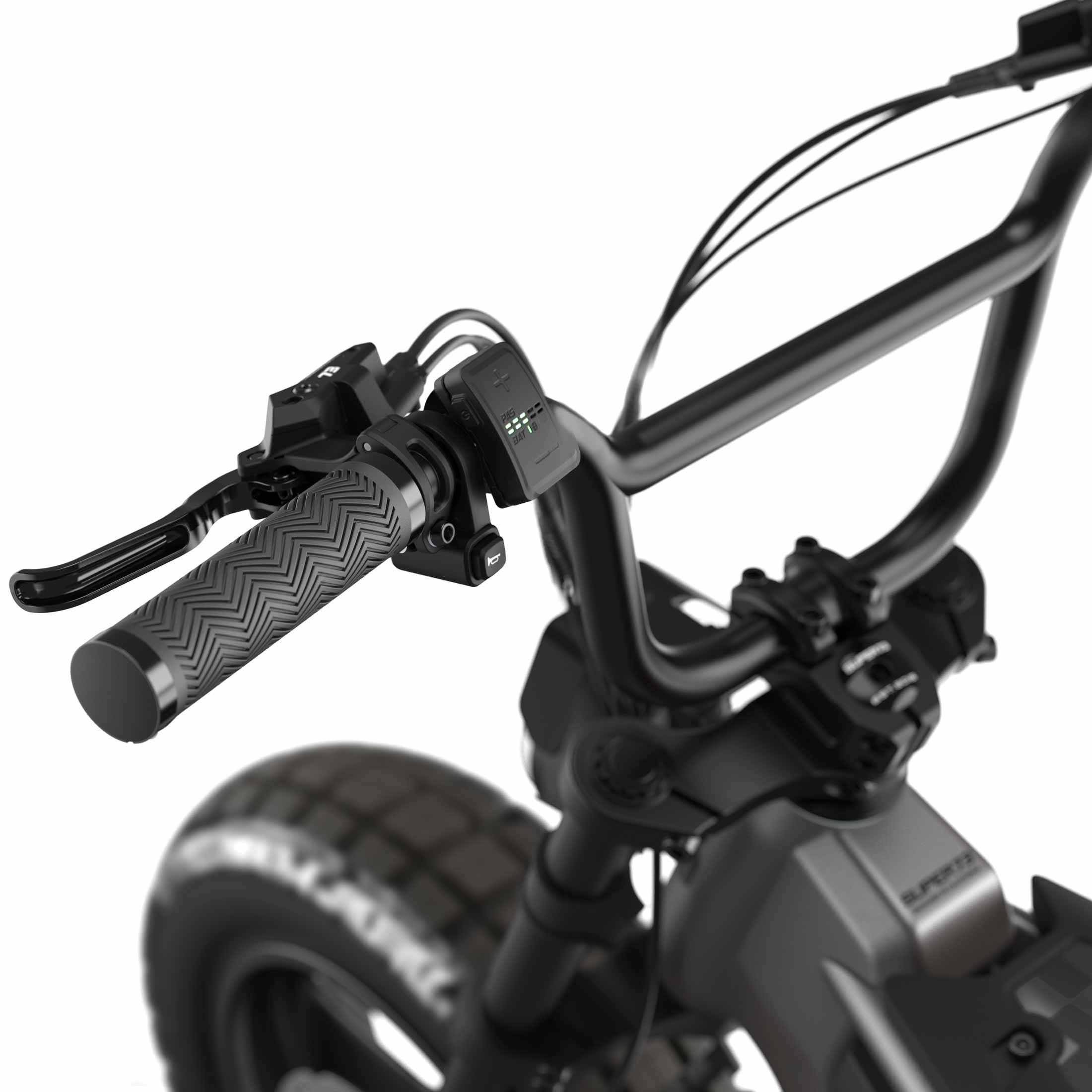 Close up of the display on the SUPER73-MZFT ebike in Titanium Ore.