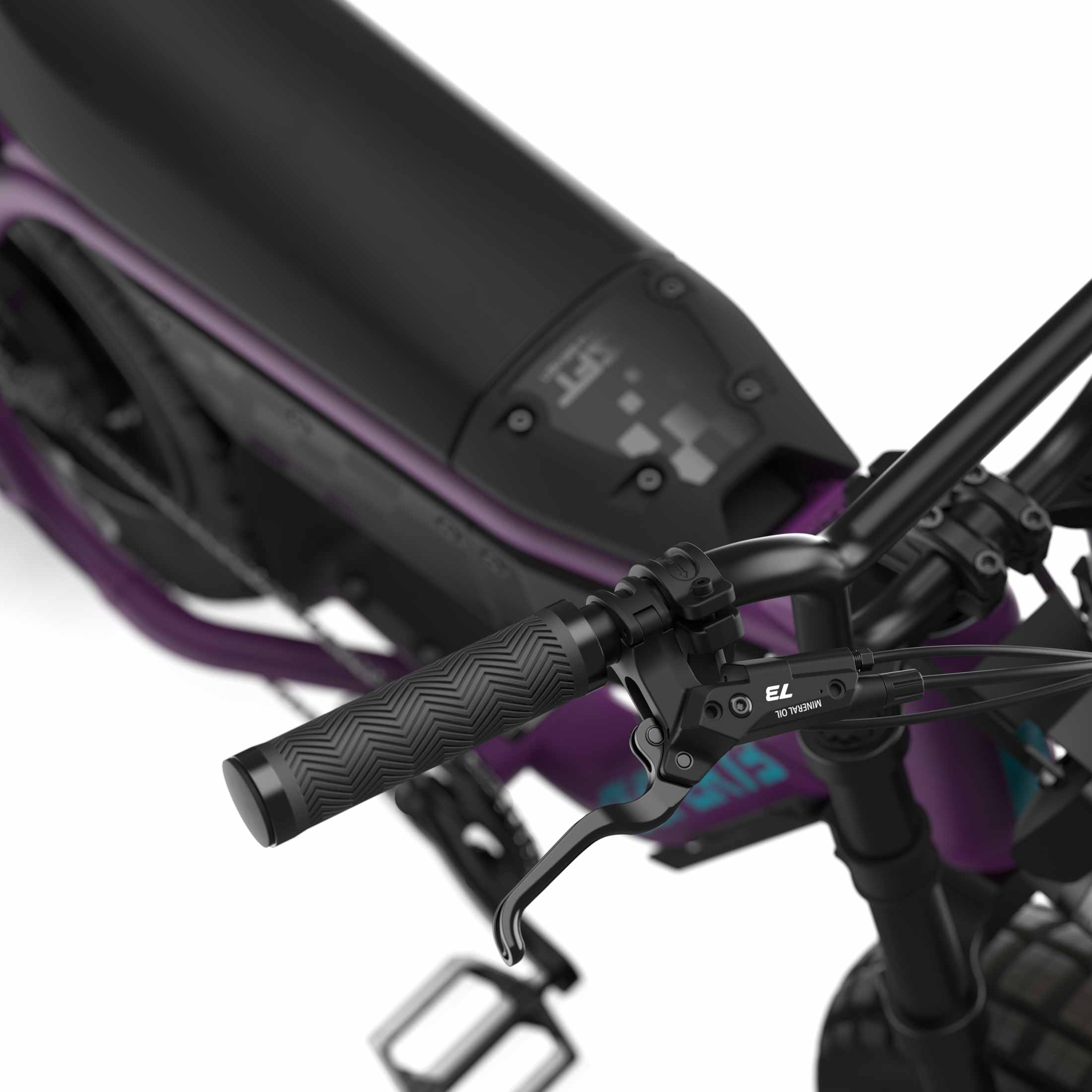 Close up of the handlebars and braking system on the SUPER73-MZFT ebike in Cullenberry.