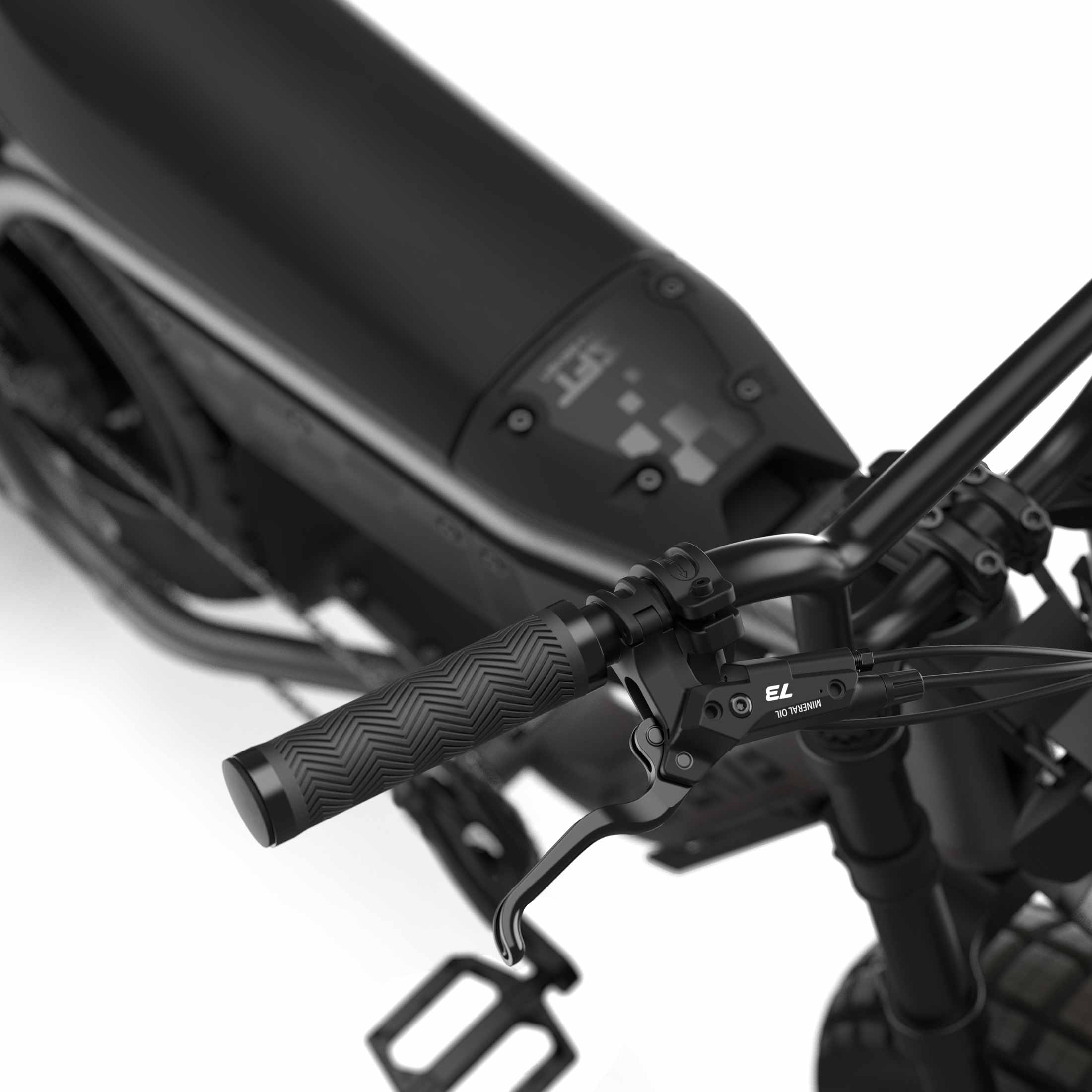 Close up of the handlebars and braking system on the SUPER73-MZFT ebike in Titanium Ore.