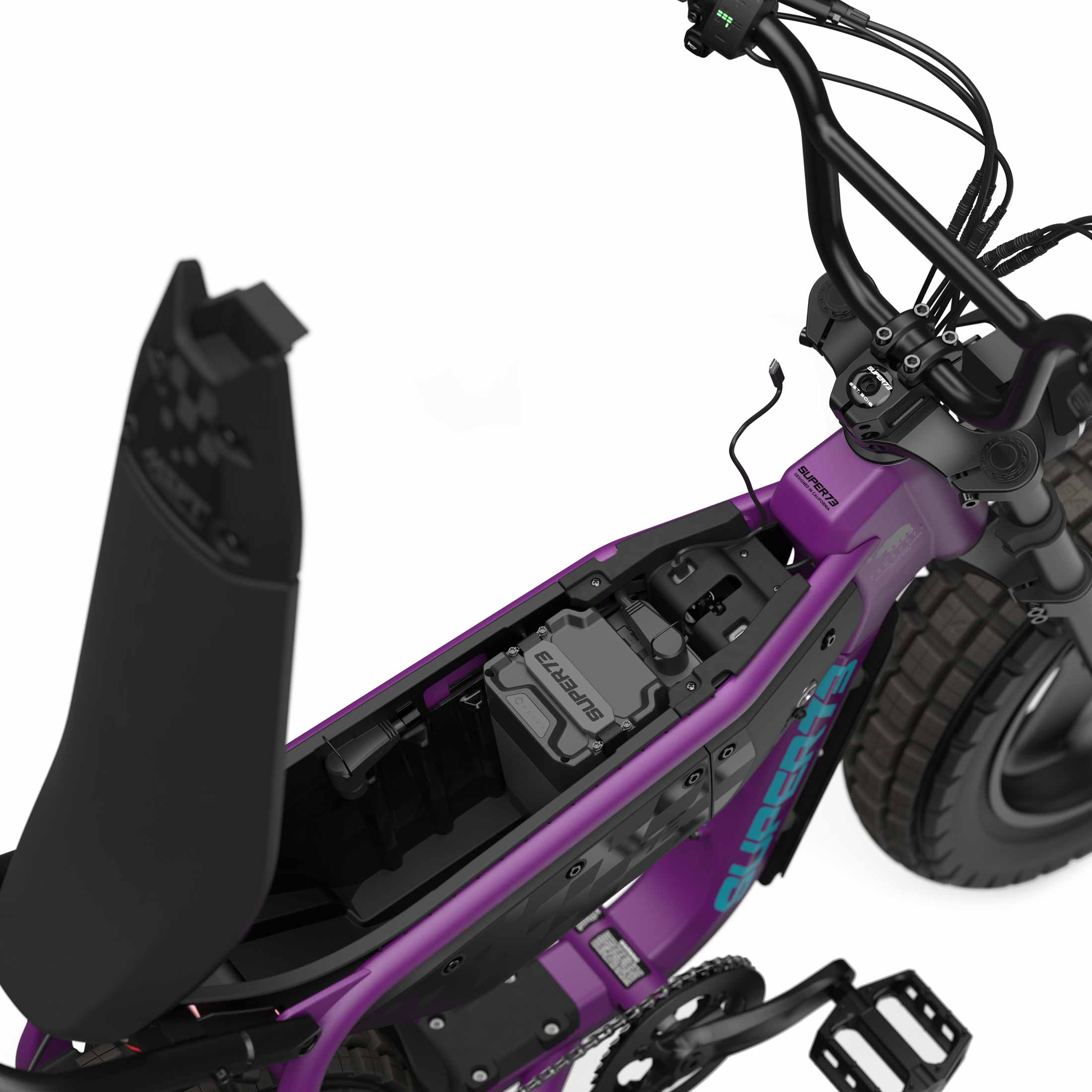 Top down view of the battery and in-seat storage on the SUPER73-MZFT ebike in Cullenberry.