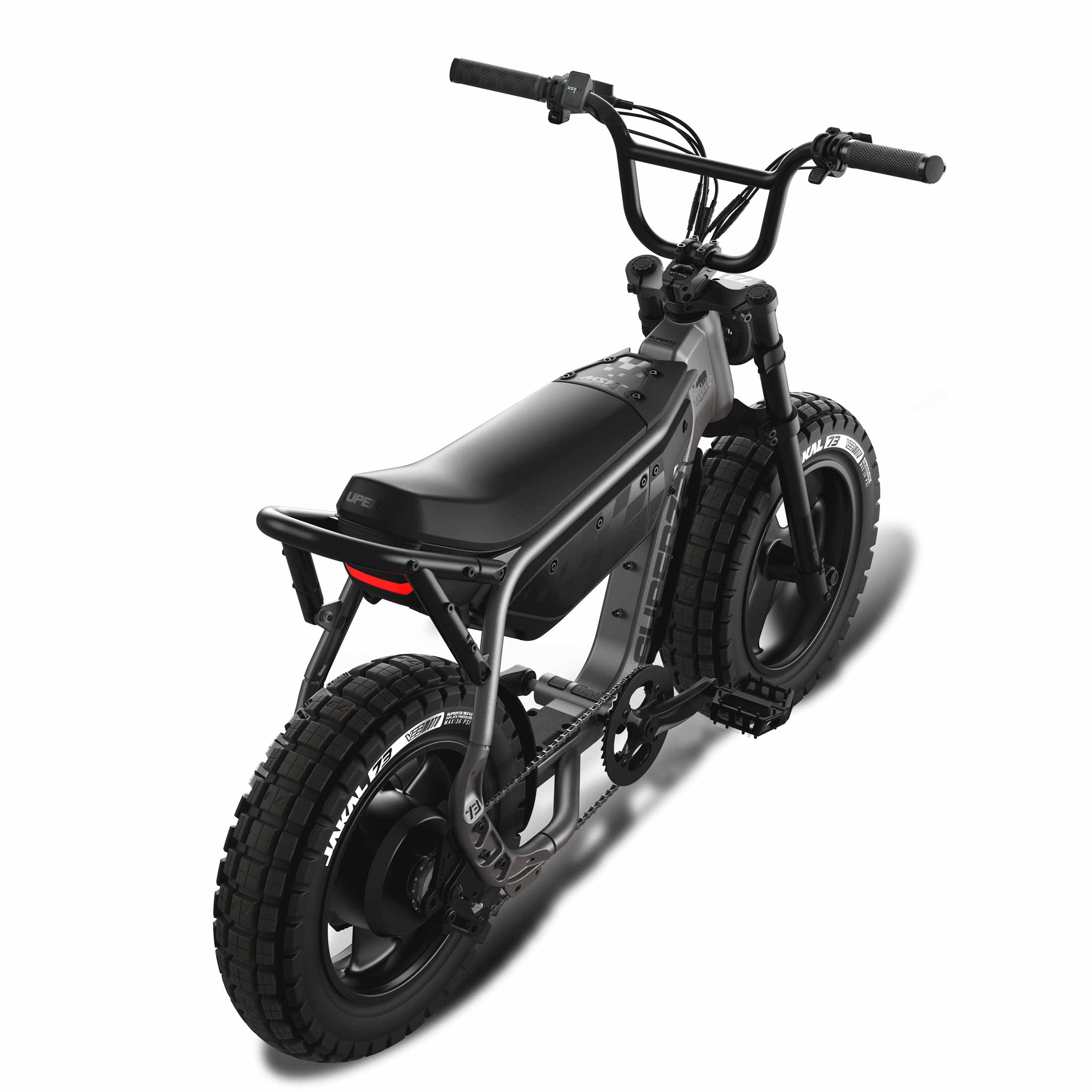 Top down rear view of the SUPER73-MZFT ebike in Titanium Ore.