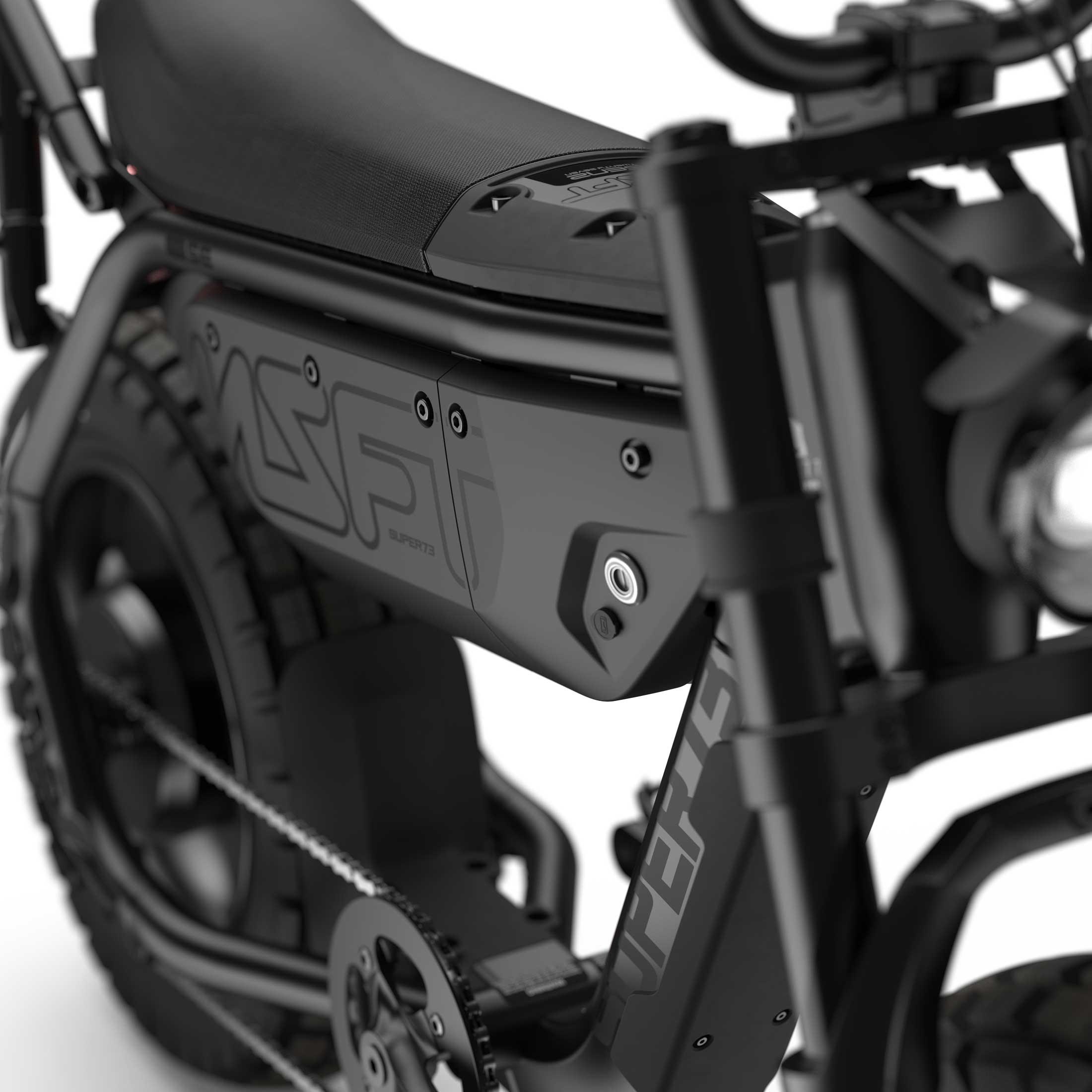 Close up of the seat and battery compartment with branded decals on the SUPER73-MZFT SE ebike in Blackout.