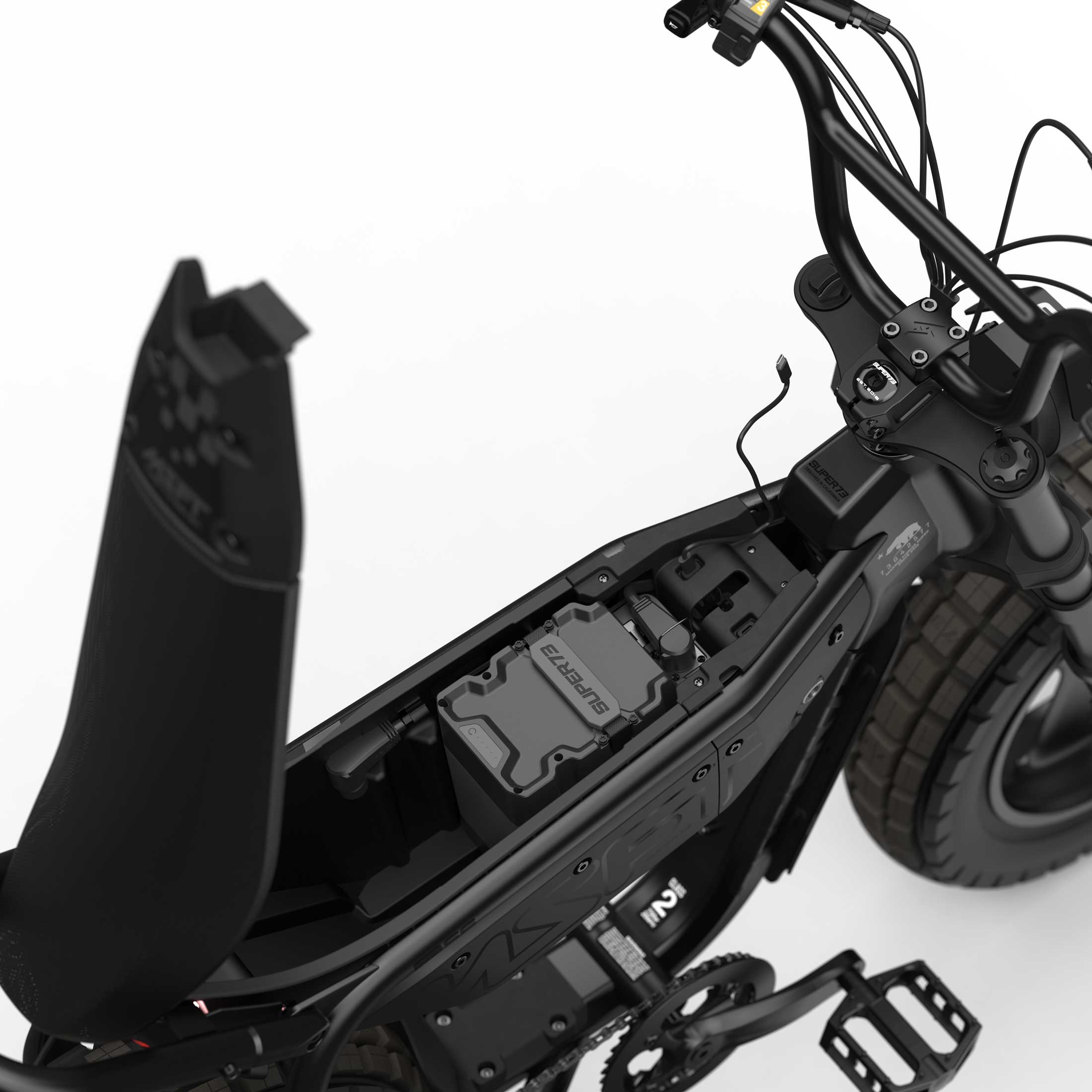 Top down view of the battery and in-seat storage on the SUPER73-MZFT SE ebike in  Blackout.