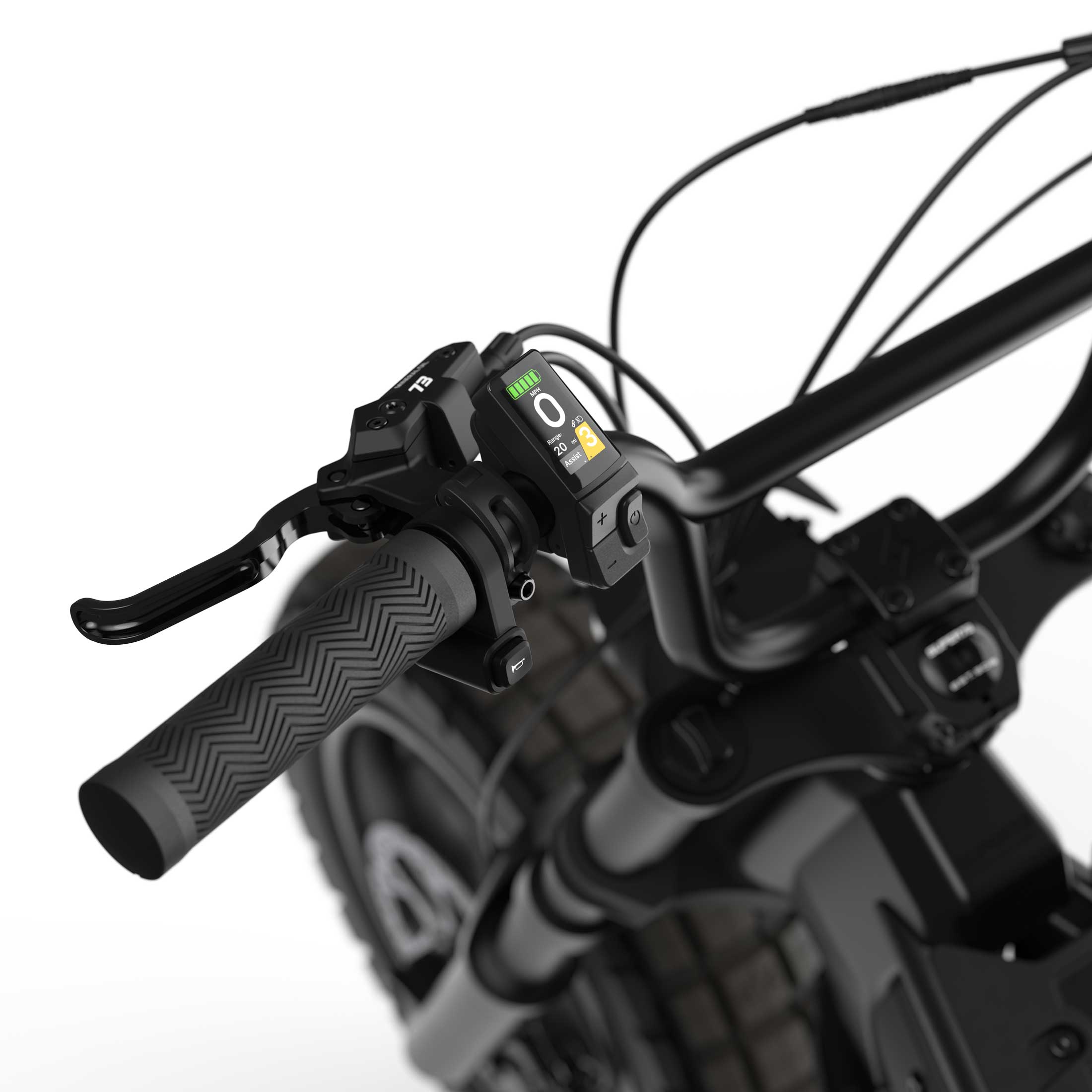 Close up of the display on the SUPER73-MZFT SE ebike in Blackout.