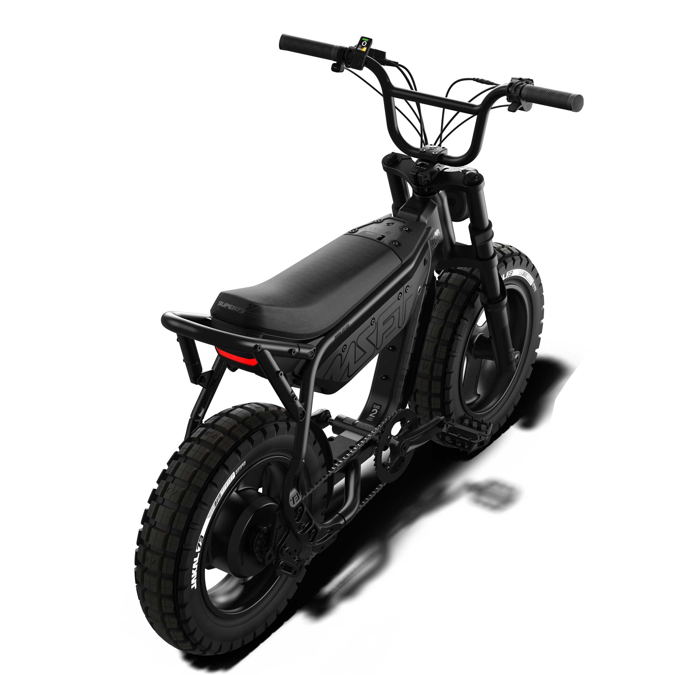 Overhead rear view of the SUPER73-MZFT SE ebike in Blackout.