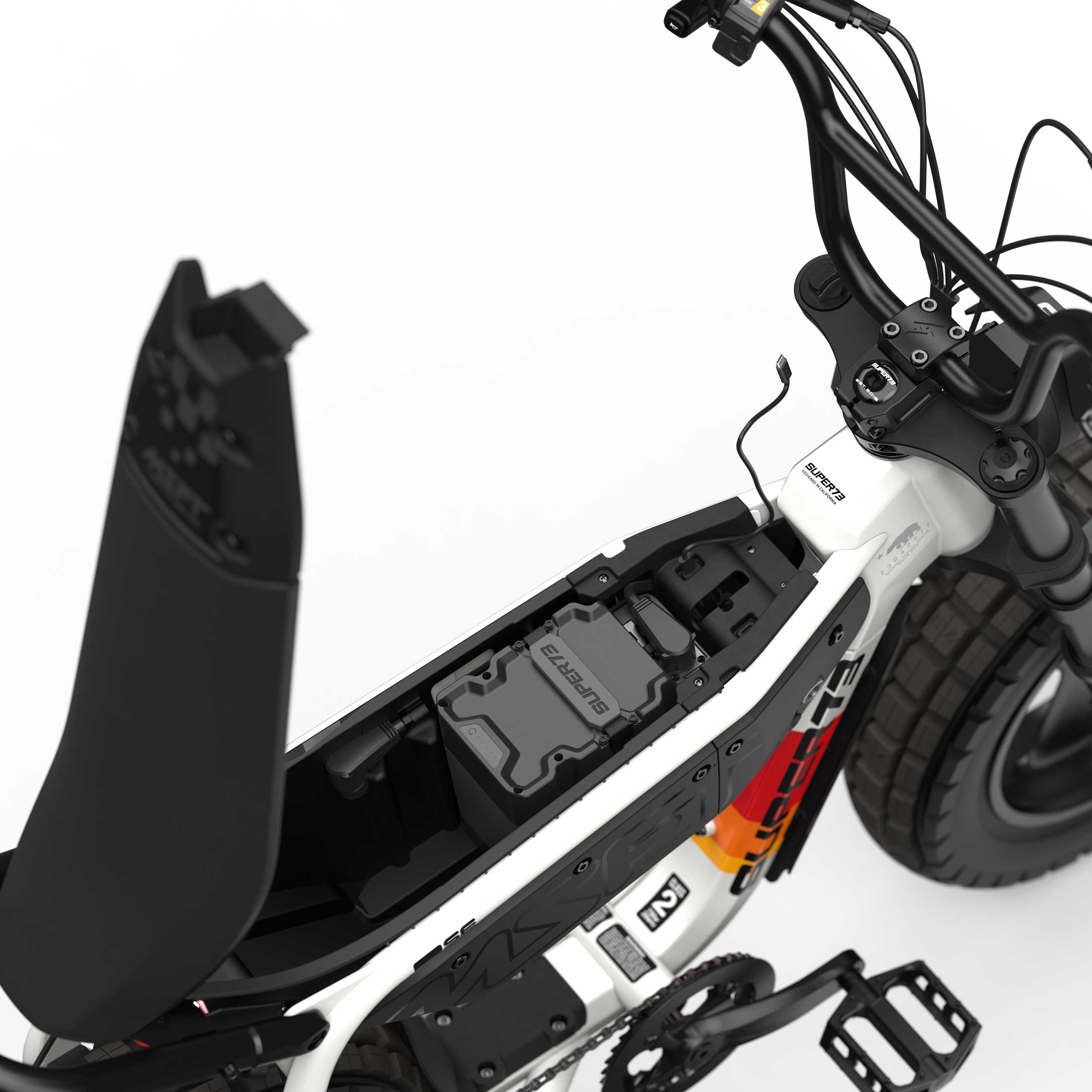 Top down view of the battery and in-seat storage on the SUPER73-MZFT SE ebike in Baja.