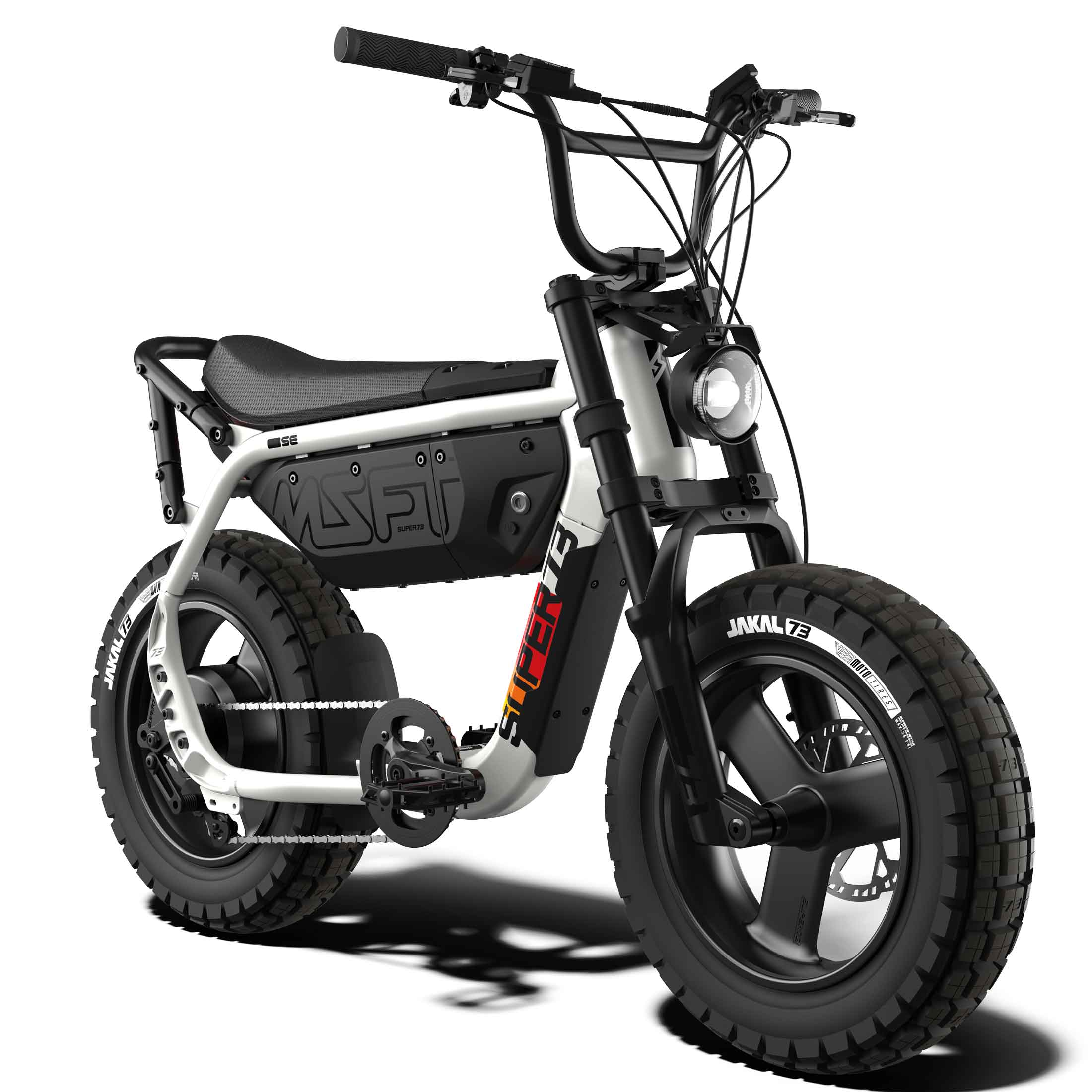 Front view of the SUPER73-MZFT SE ebike in Baja.