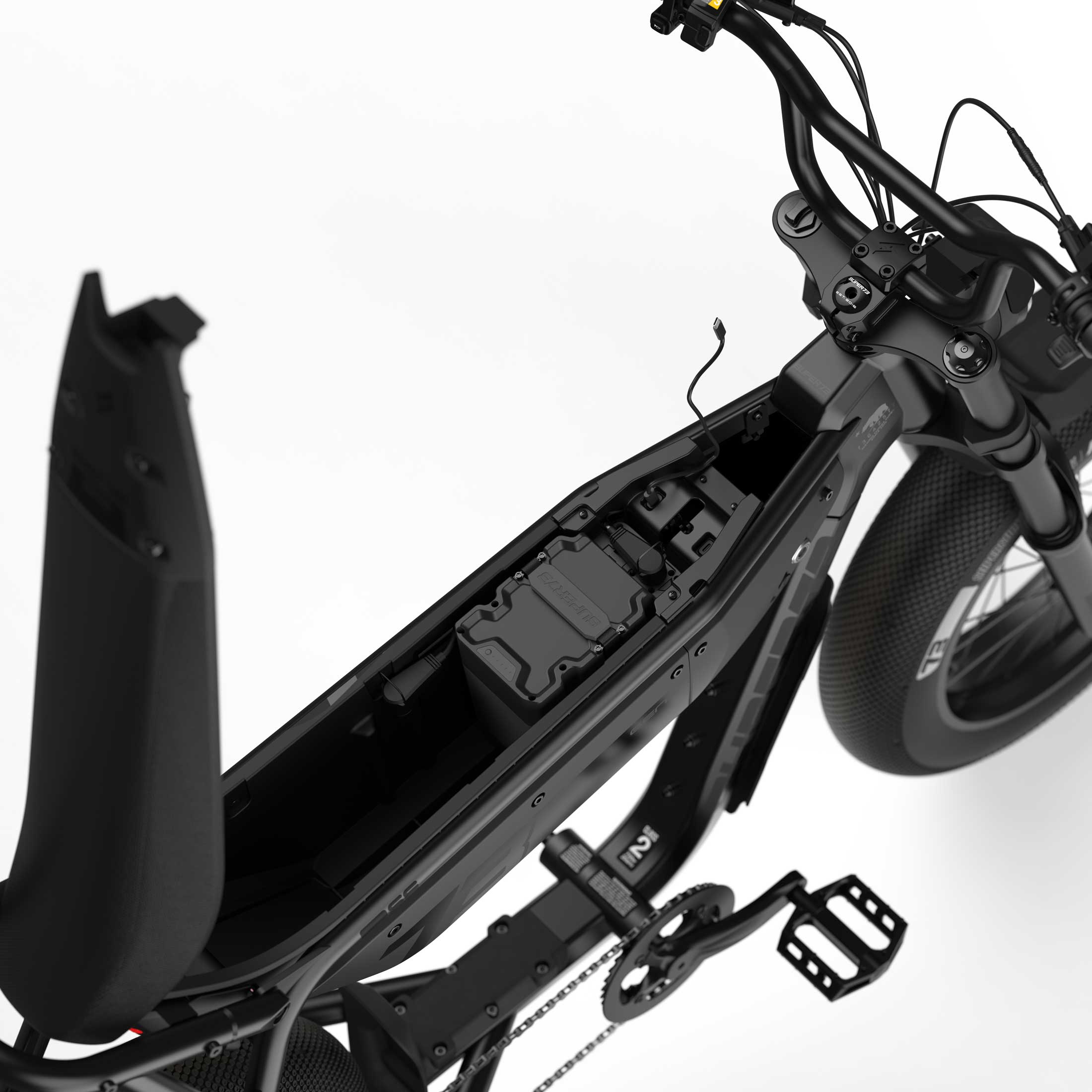 Top down view of the battery and in-seat storage on the SUPER73-B1G SE ebike in Blackout.