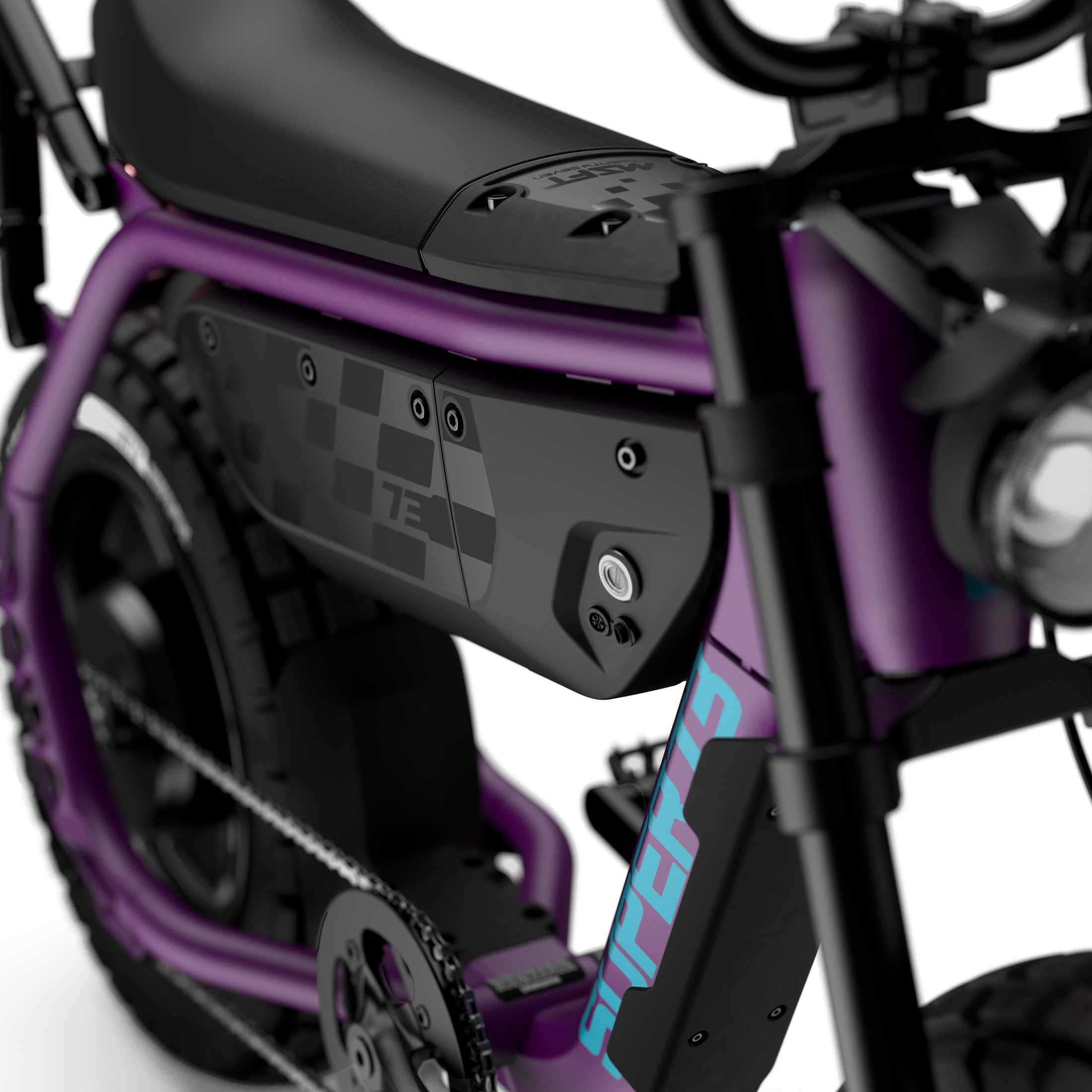 Close up of the seat and battery compartment with branded decals on the SUPER73-MZFT ebike in Cullenberry.