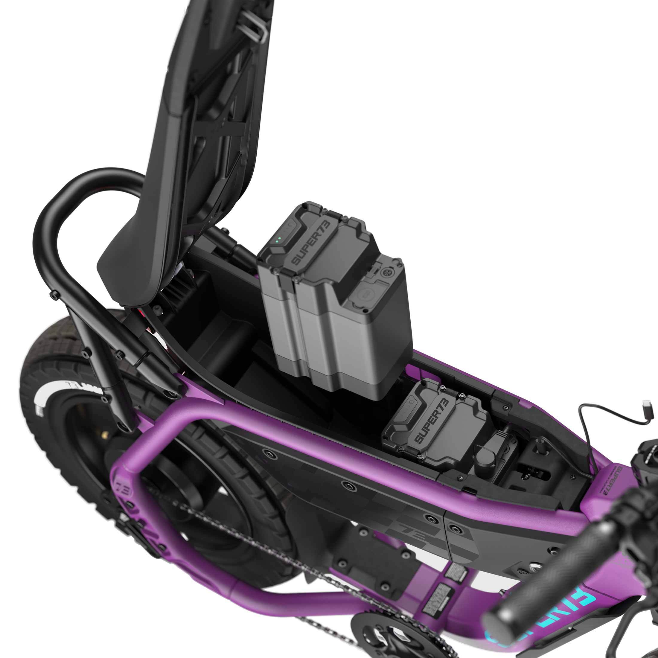 Detail image of the dual battery system on the SUPER73-MZFT ebike in Cullenberry.