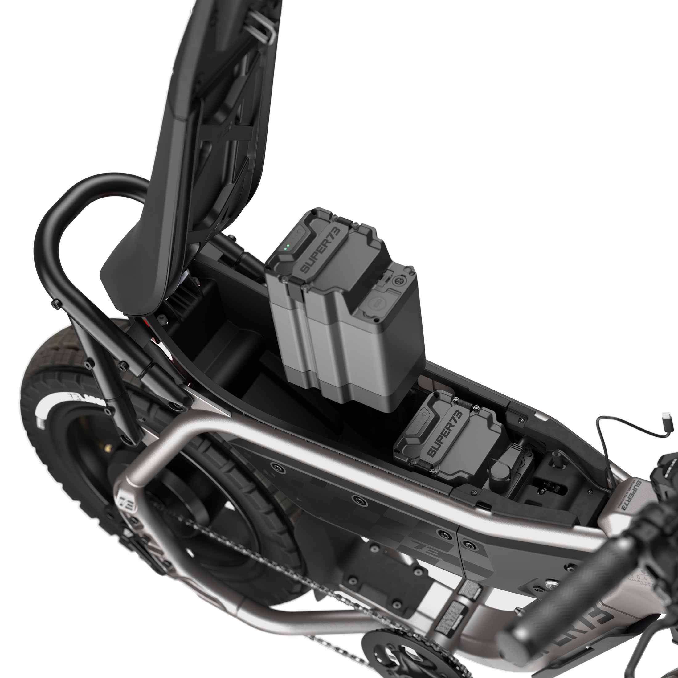 Detail image of the dual battery system on the SUPER73-MZFT ebike in Titanium Ore.