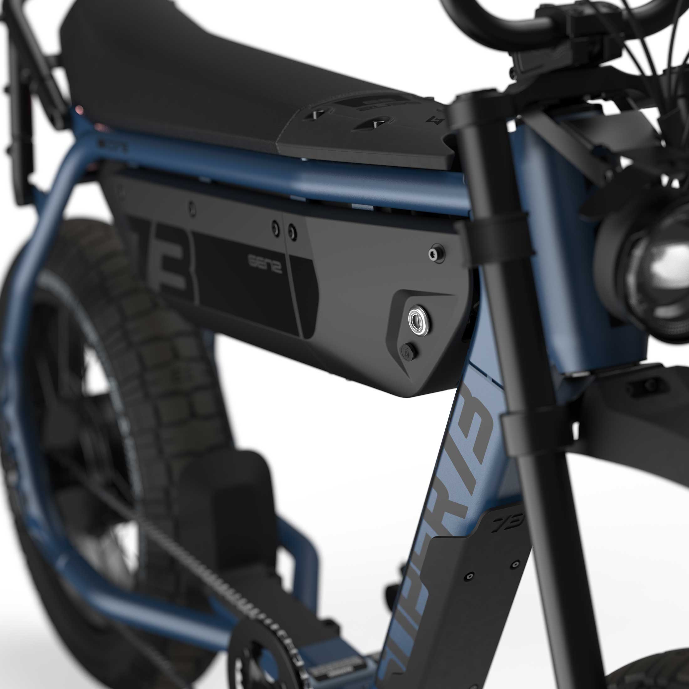 Close up of the seat and battery compartment with branded decals on the SUPER73-B1G ebike in Slate.