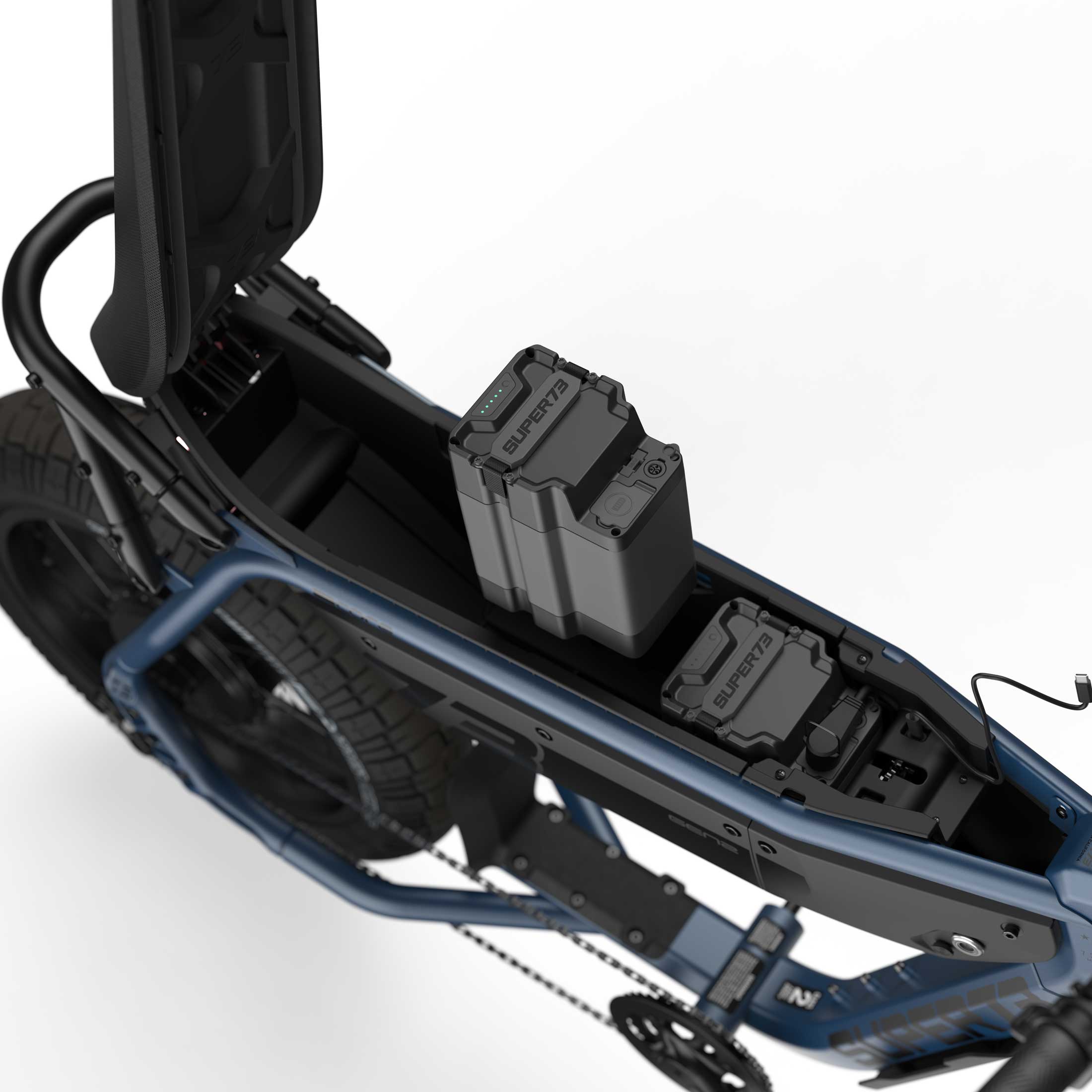 Detail image of the dual battery system on the SUPER73-B1G ebike in Slate.