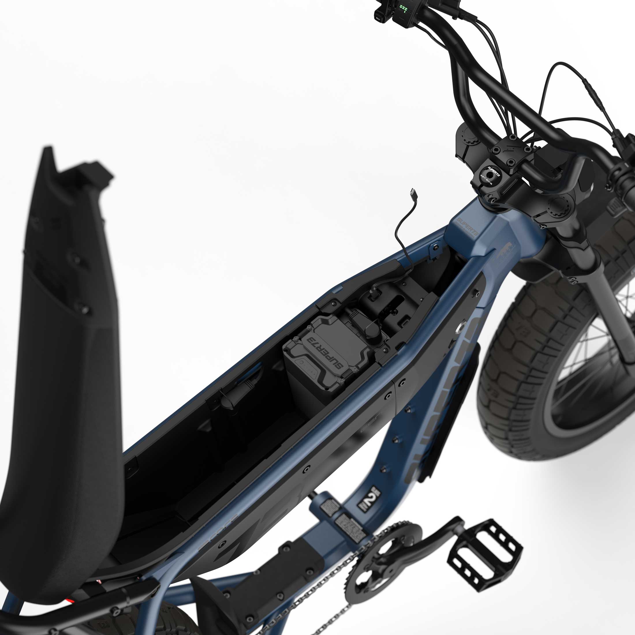 Top down view of the battery and in-seat storage on the SUPER73-B1G ebike in Slate.