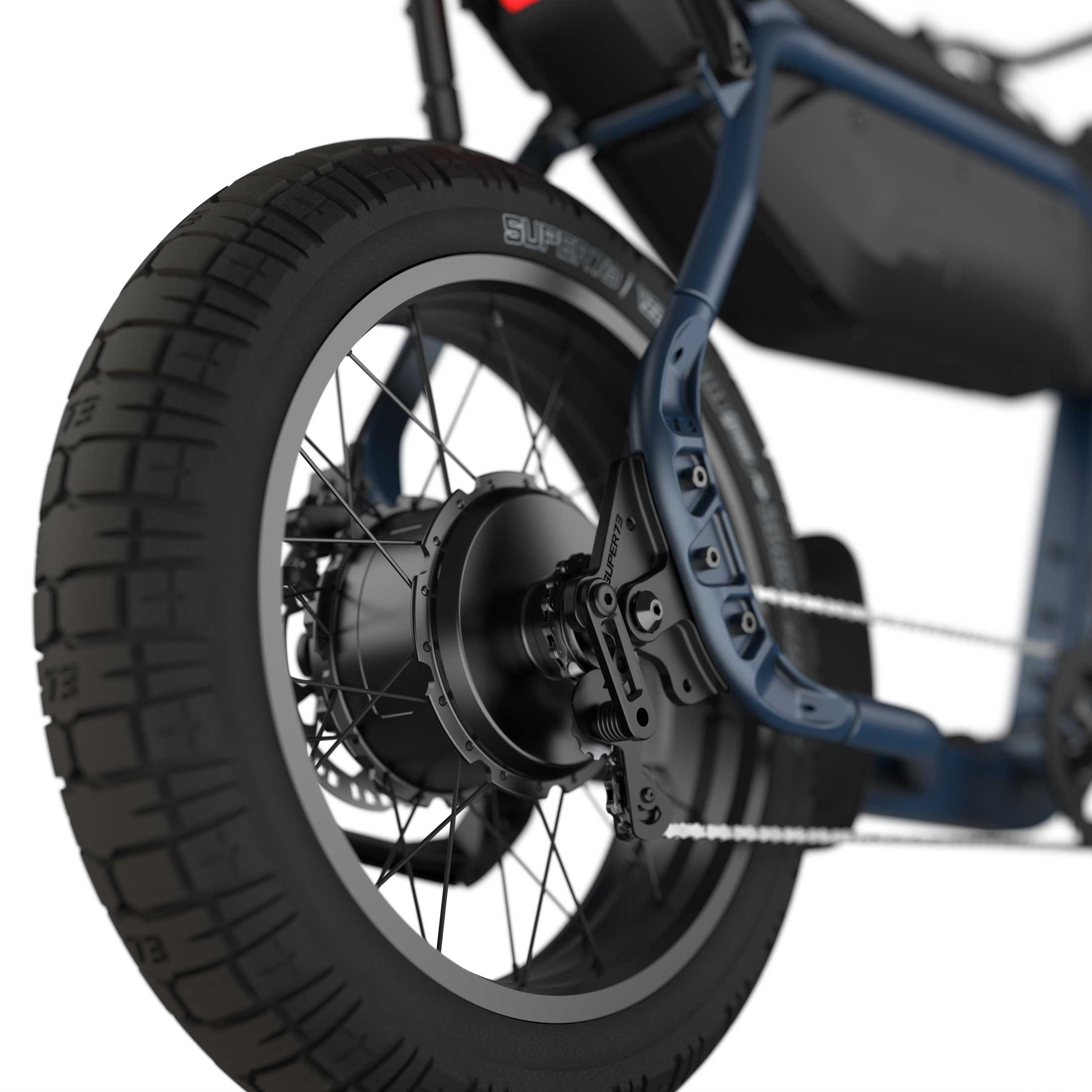 Close up image of the rear JAKAL tire on the SUPER73-B1G ebike in Slate.
