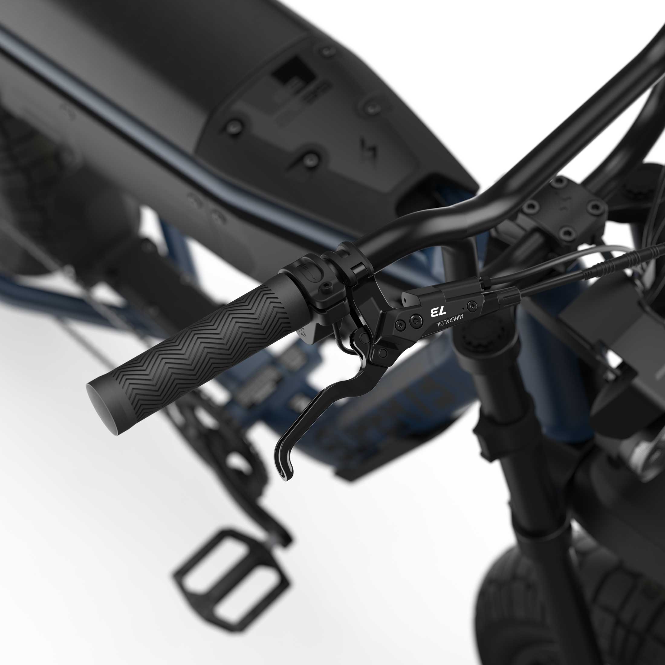 Close up of the handlebars and braking system on the SUPER73-B1G ebike in Slate.