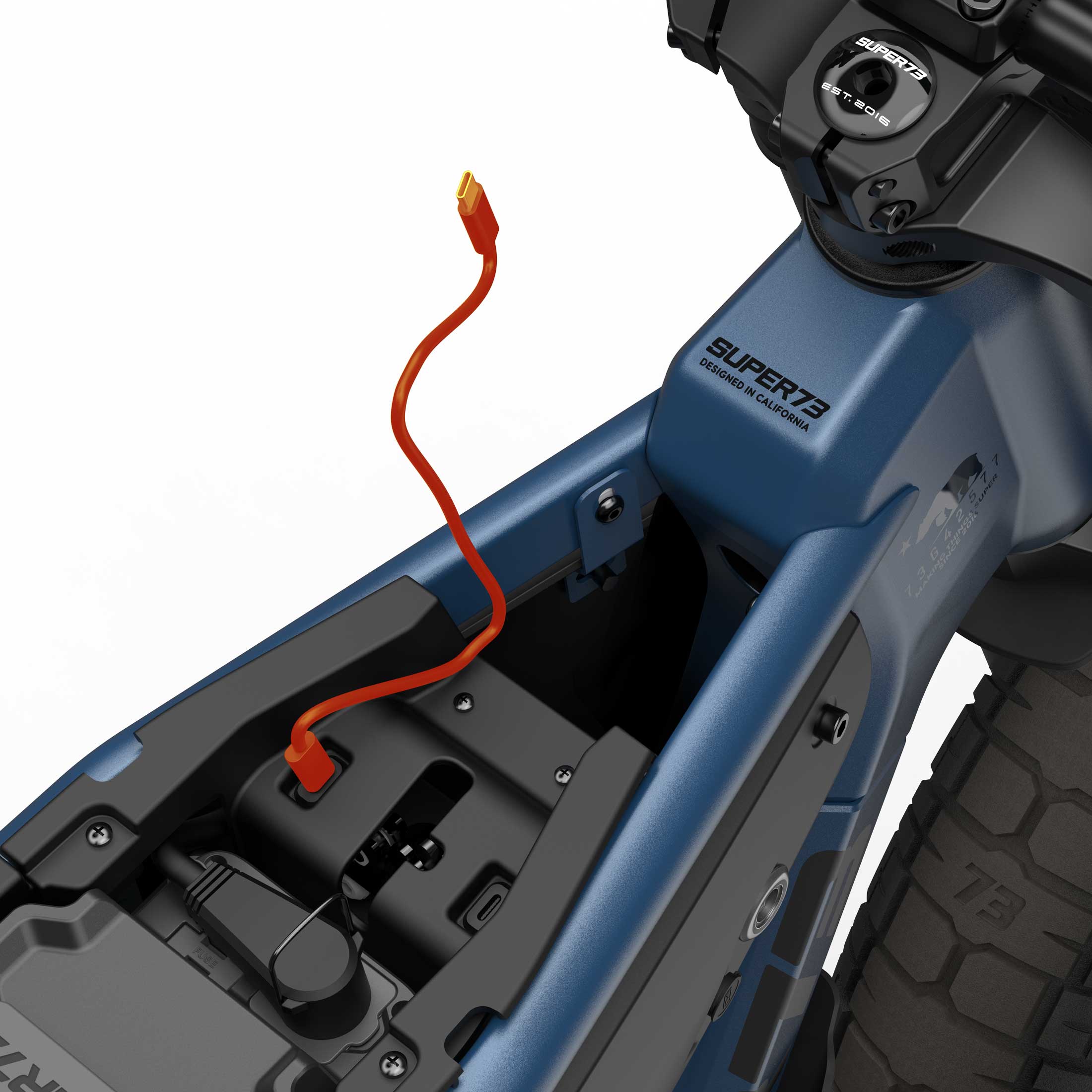 Close up of the USB-C charging port on the SUPER73-B1G ebike in Slate.