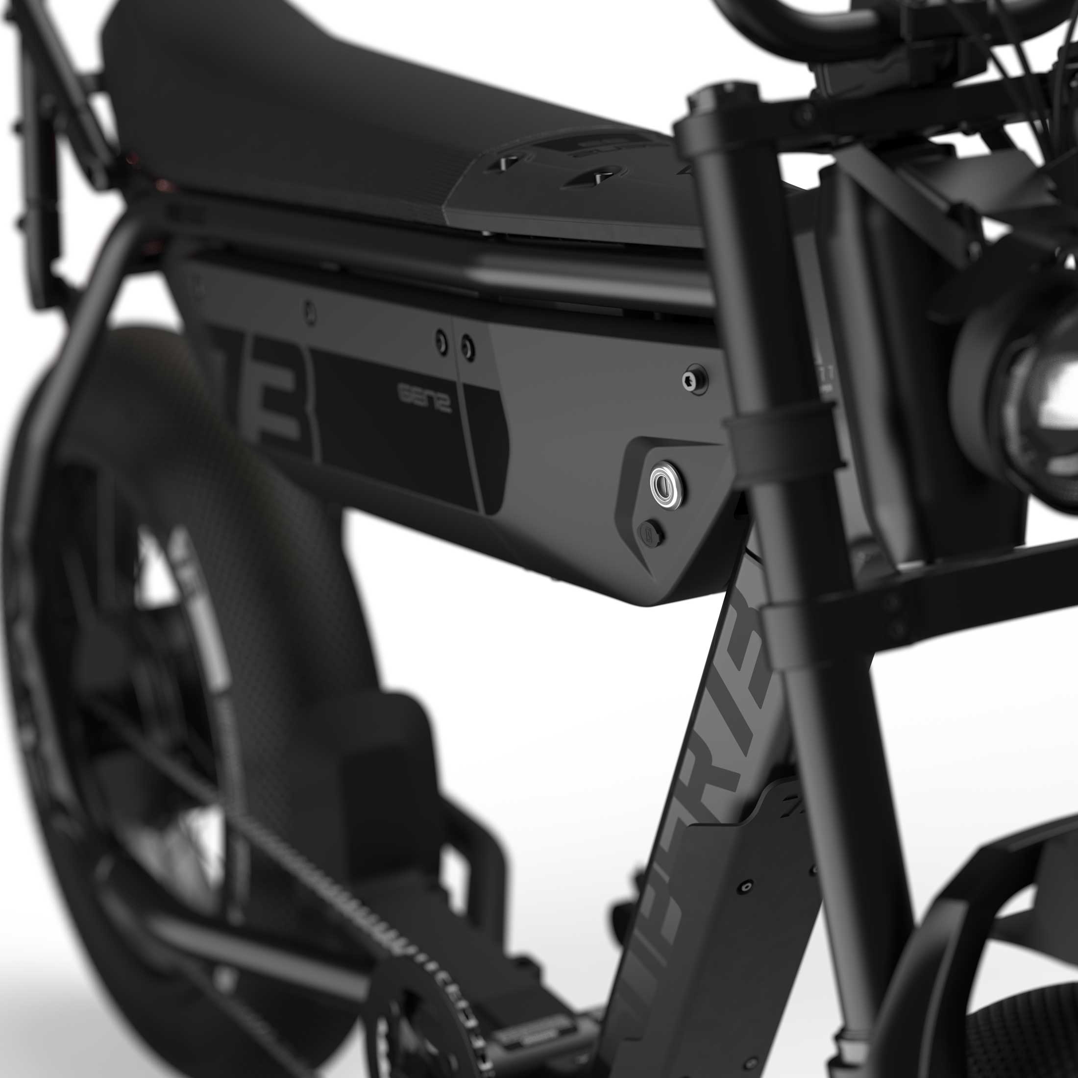 Close up of the seat and battery compartment with branded decals on the SUPER73-B1G SE ebike in Blackout.