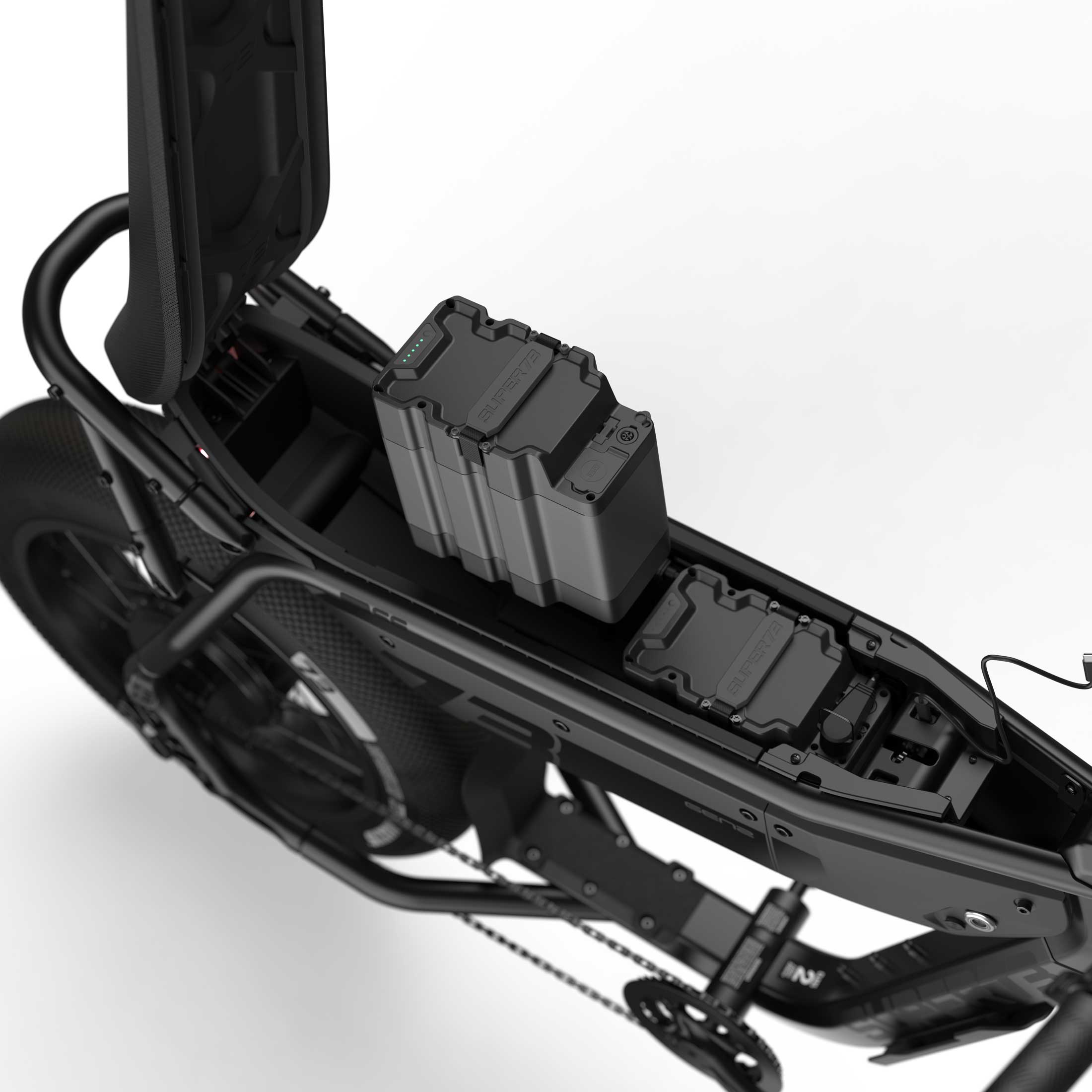 Detail image of the dual battery system on the SUPER73-B1G SE ebike in Blackout.