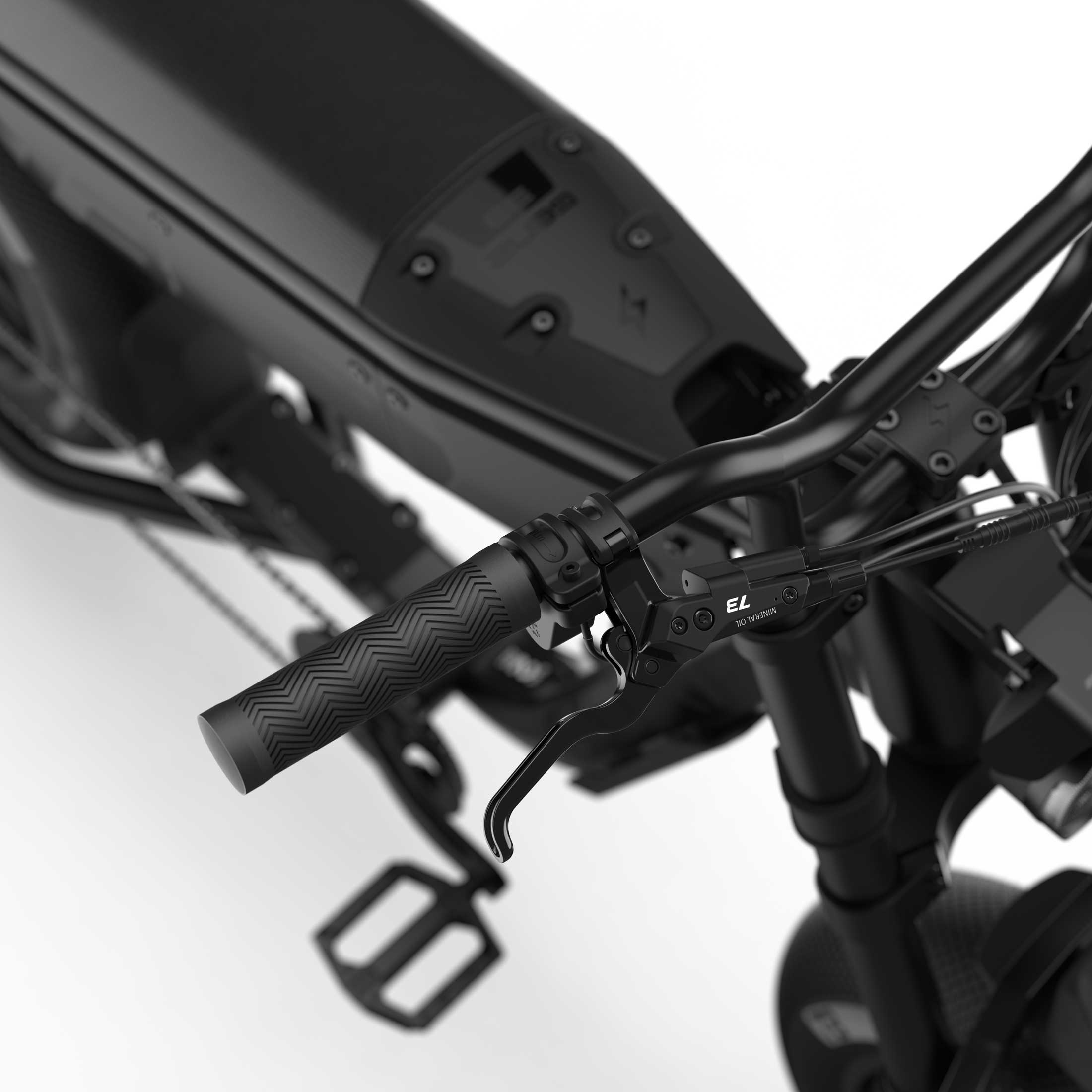 Close up of the handlebars and braking system on the SUPER73-B1G SE ebike in Blackout.