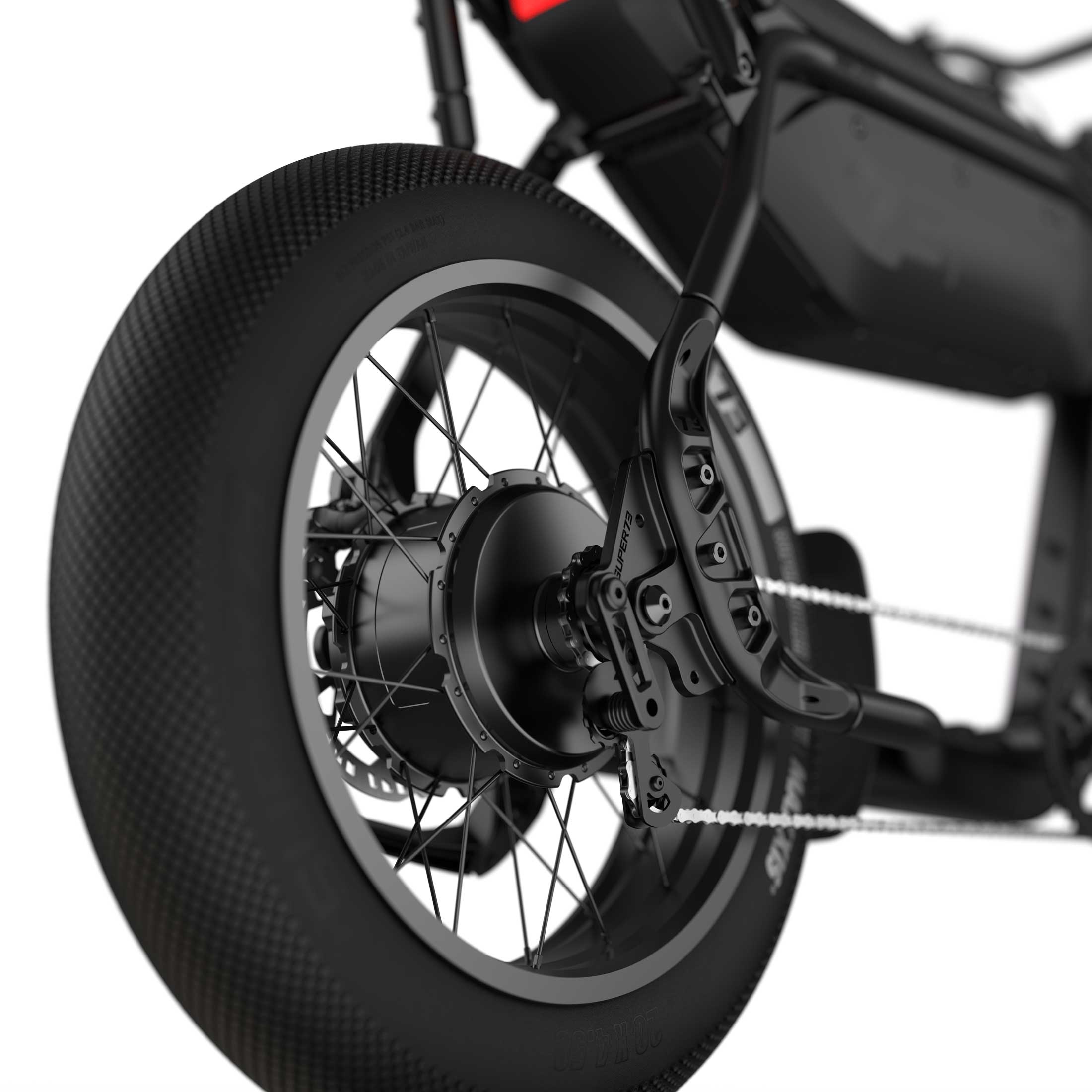 Close up image of the rear tire on the SUPER73-B1G SE ebike in Blackout.