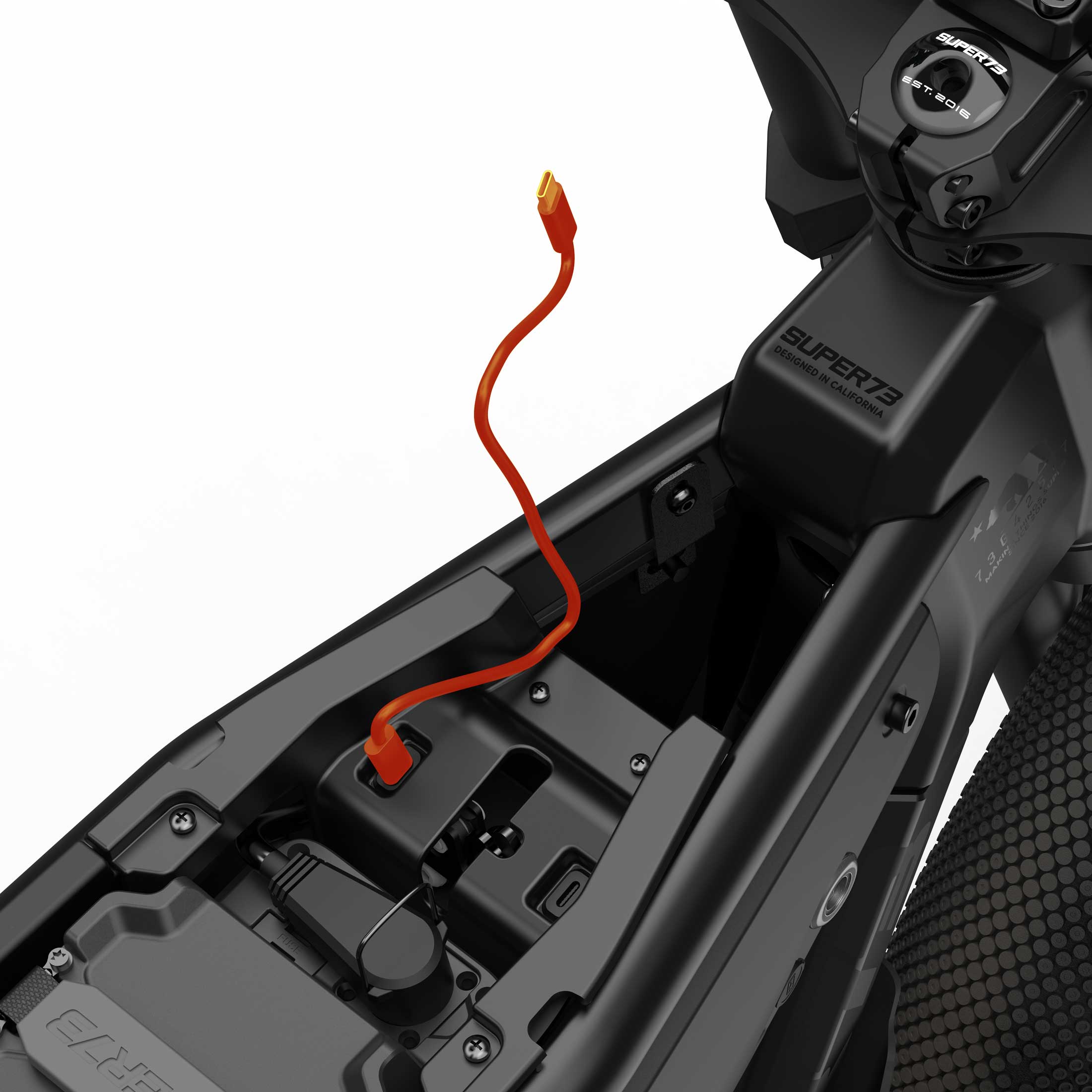 Close up of the USB-C charging port on the SUPER73-B1G SE ebike in Blackout.