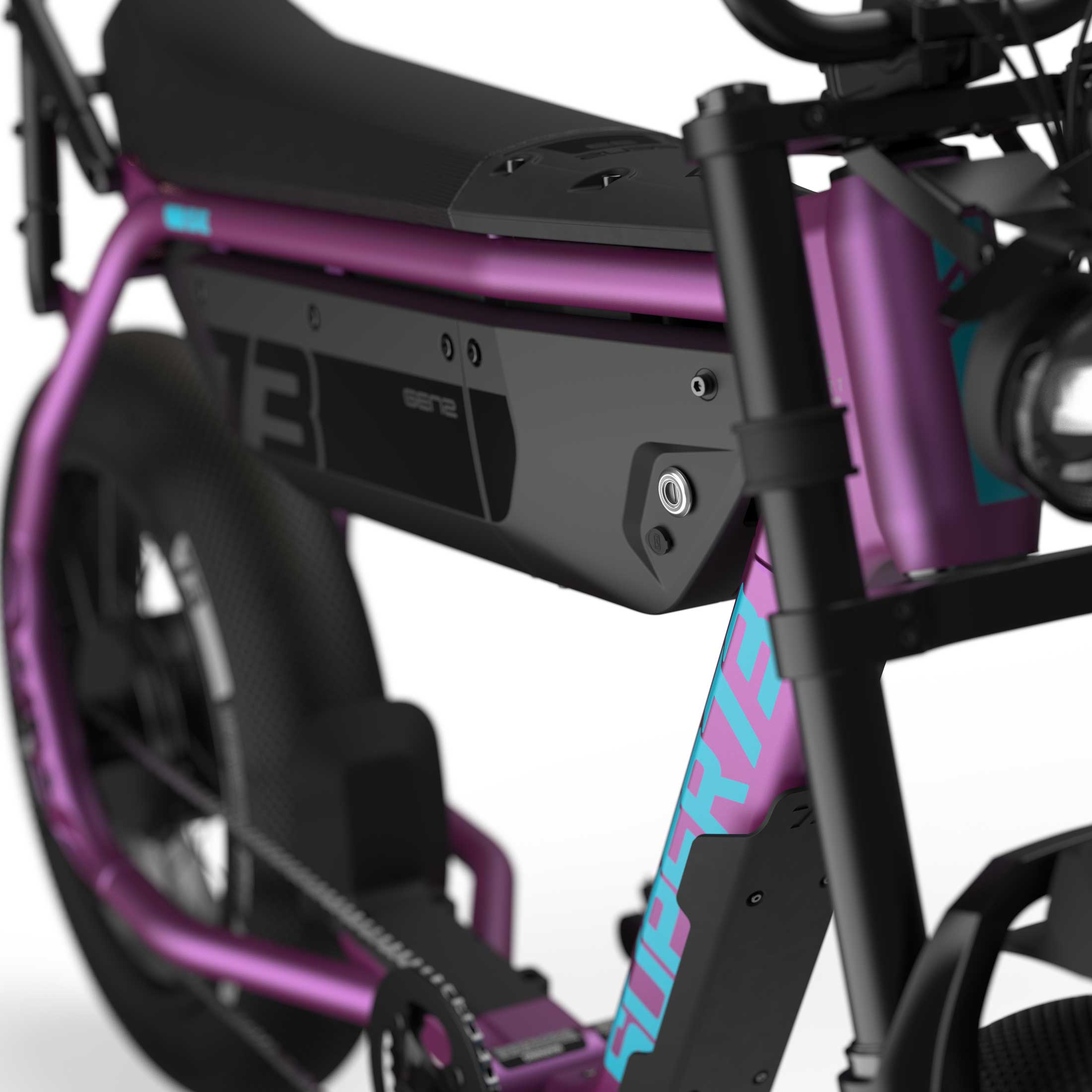 Close up of the seat and battery compartment with branded decals on the SUPER73-B1G SE ebike in Cullenberry.
