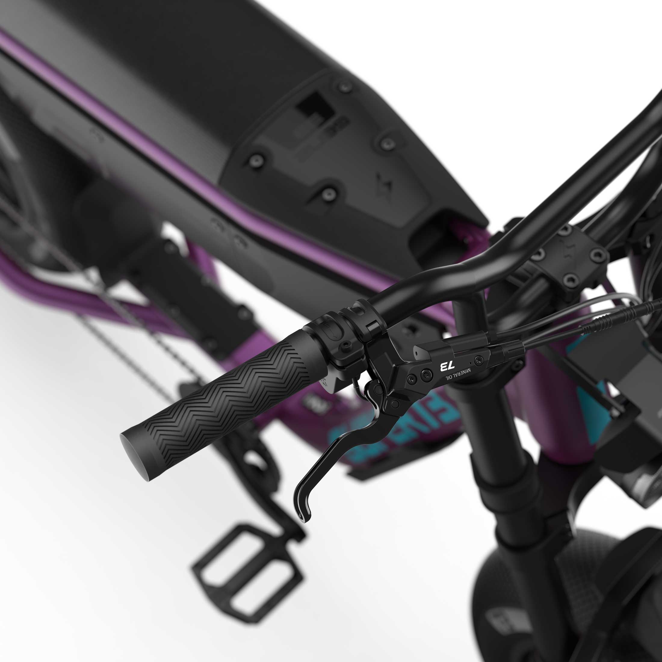 Close up of the handlebars and braking system on the SUPER73-B1G SE ebike in Cullenberry.