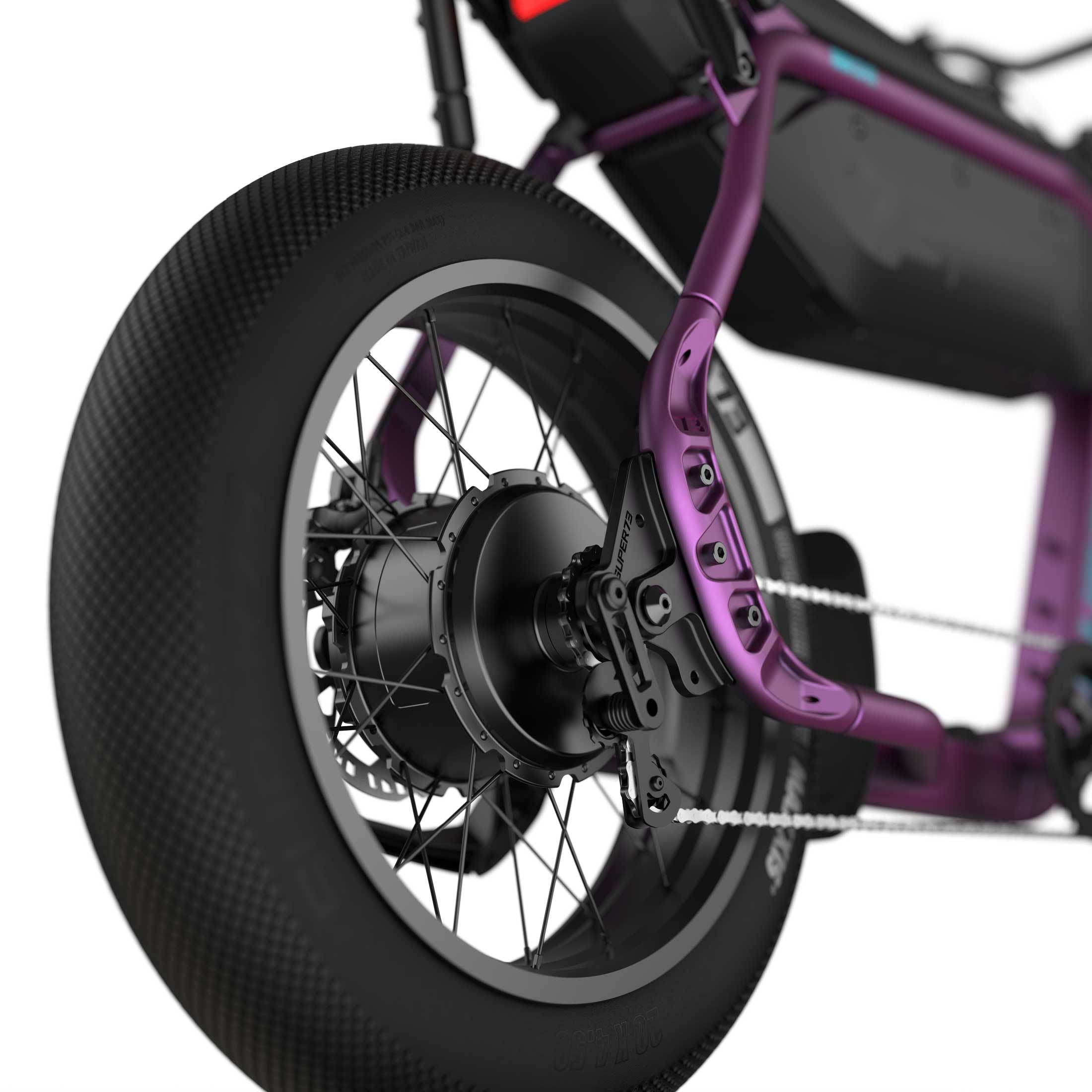 Close up image of the rear tire on the SUPER73-B1G SE ebike in Cullenberry.