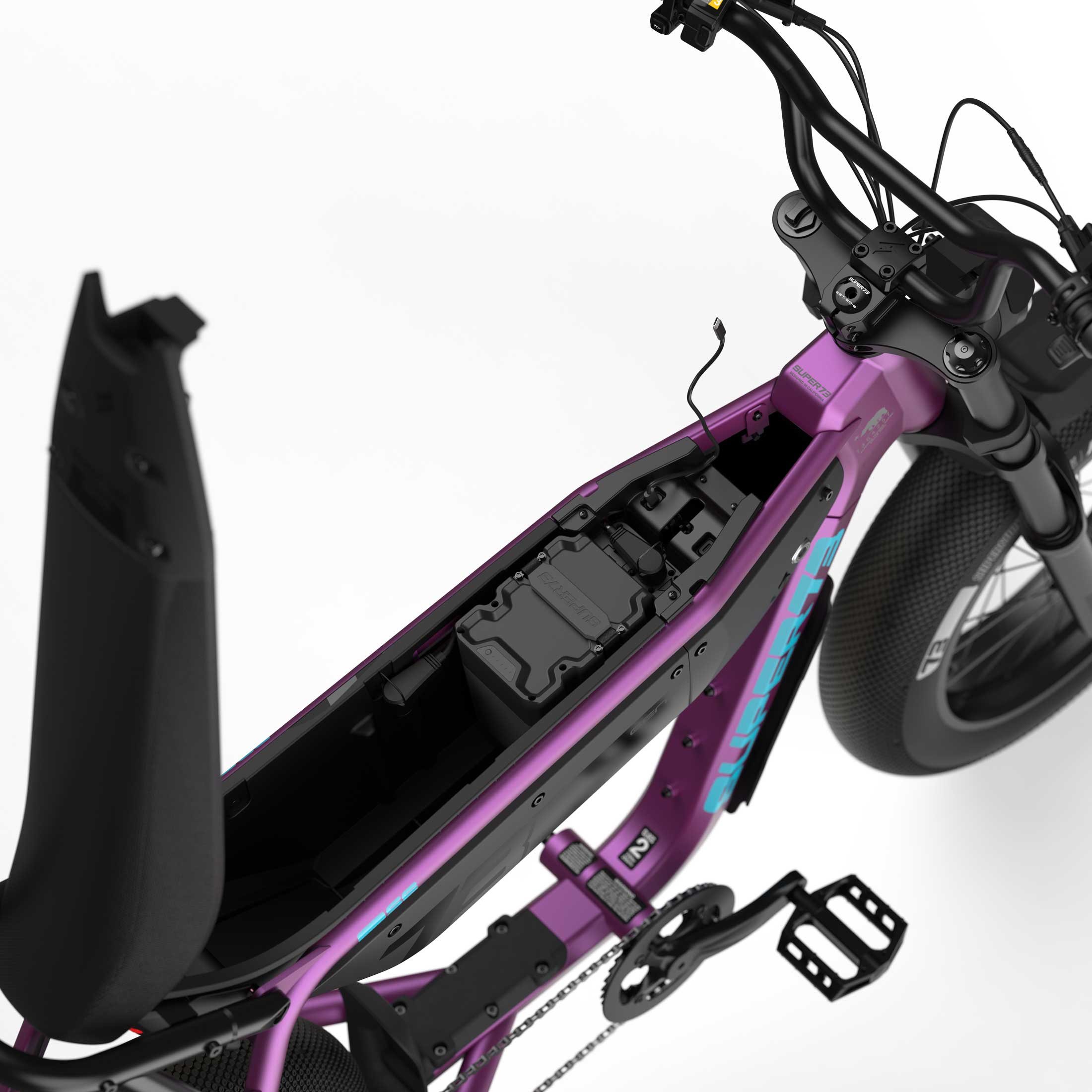 Top down view of the battery and in-seat storage on the SUPER73-B1G SE ebike in Cullenberry.