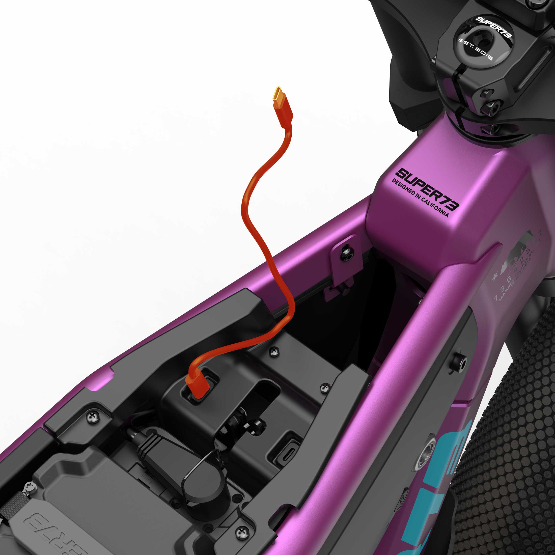 Close up of the USB-C charging port on the SUPER73-B1G SE ebike in Cullenberry.