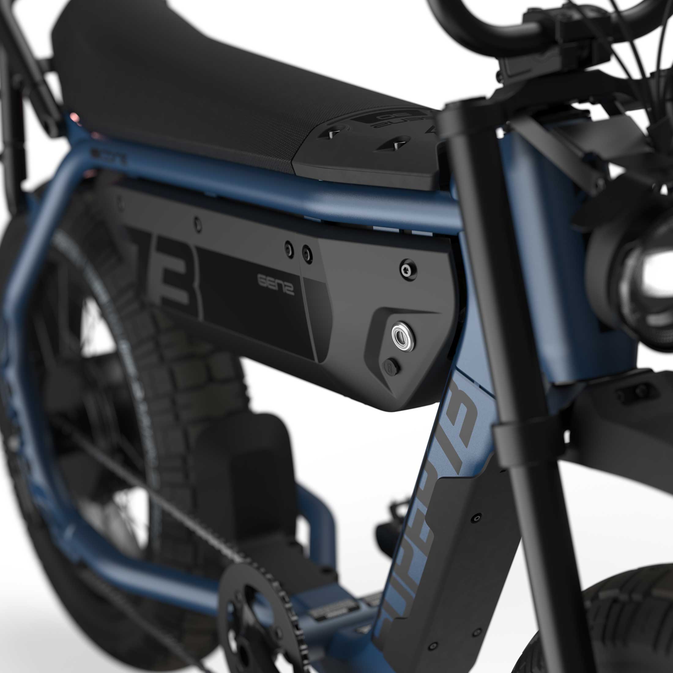 Close up of the seat and battery compartment with branded decals on the SUPER73-M1D ebike in Slate.