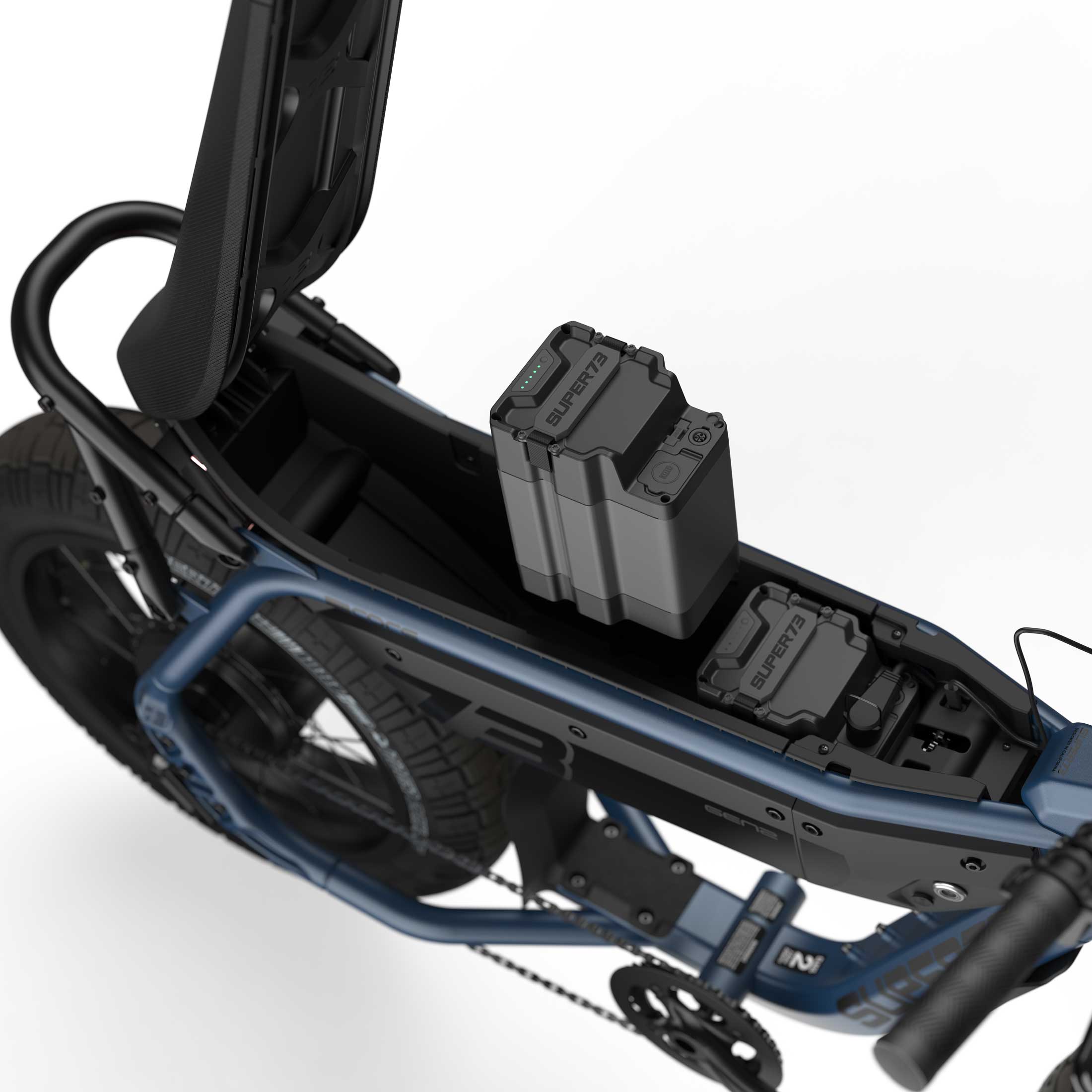 Detail image of the dual battery system on the SUPER73-M1D ebike in Slate.