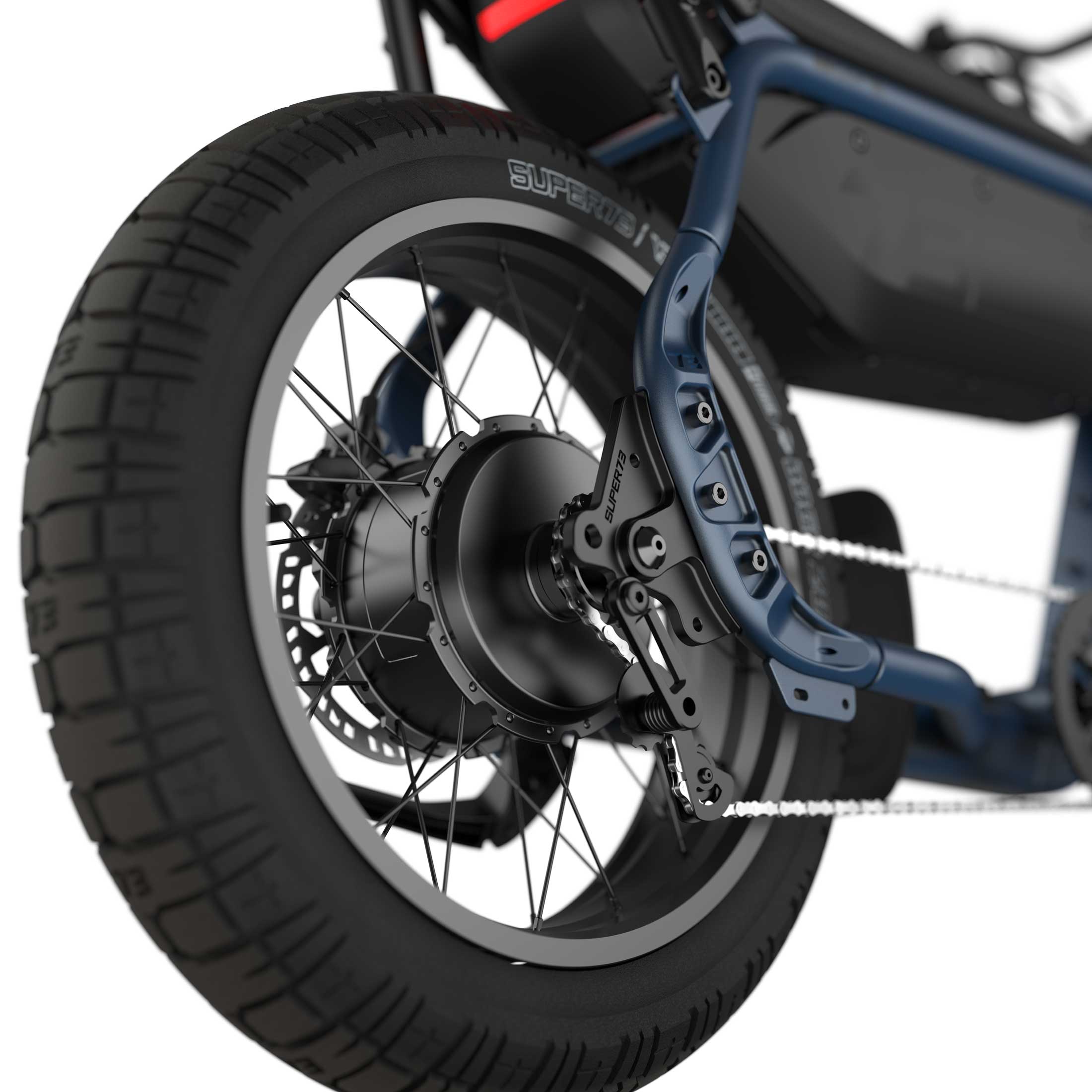 Close up image of the rear tire on the SUPER73-M1D ebike in Slate.