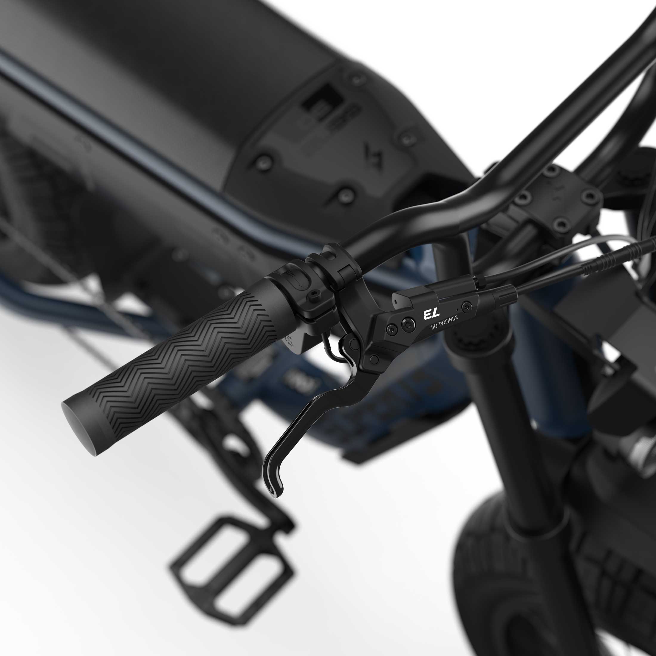 Close up of the handlebars and braking system on the SUPER73-M1D ebike in Slate.