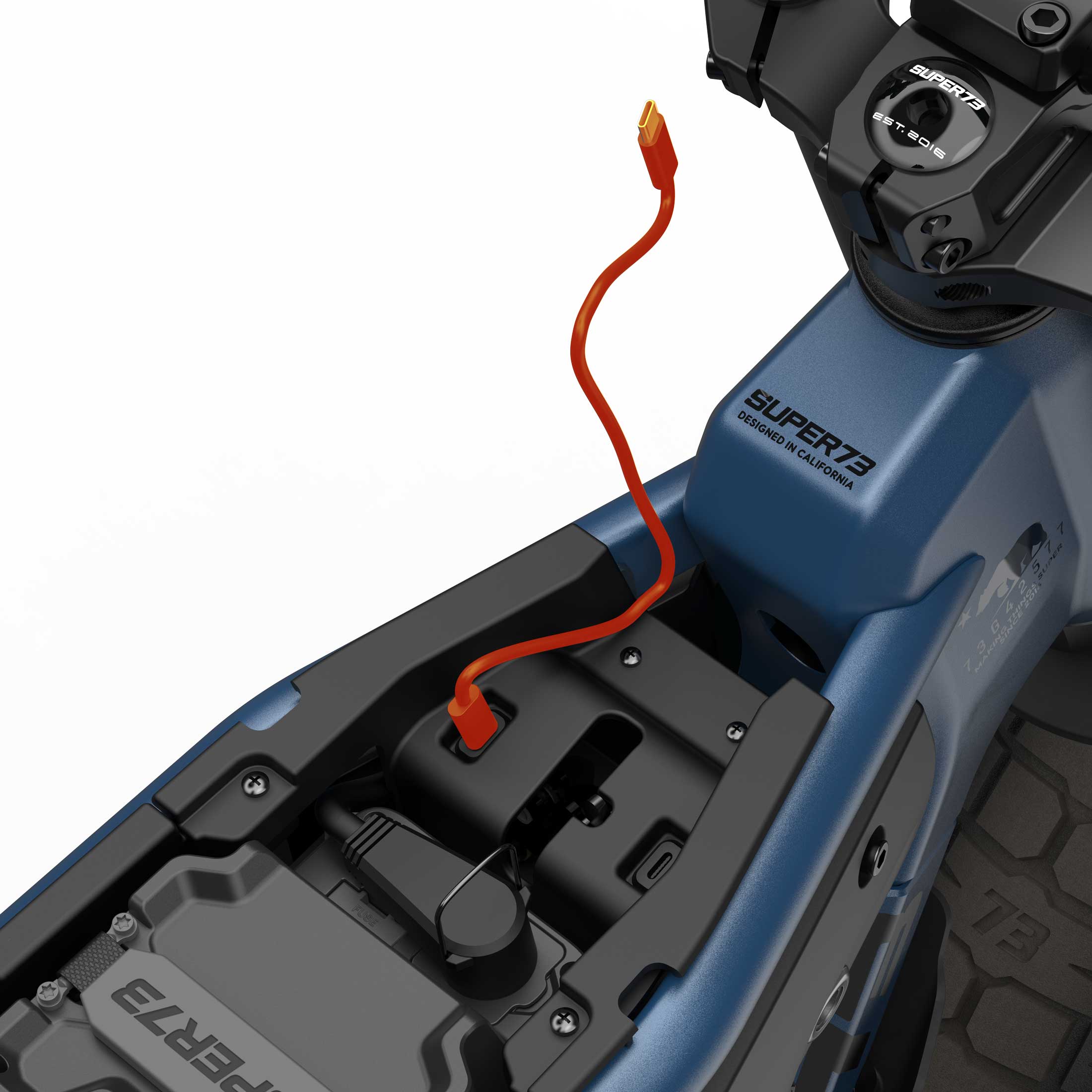Close up of the USB-C charging port on the SUPER73-M1D ebike in Slate.