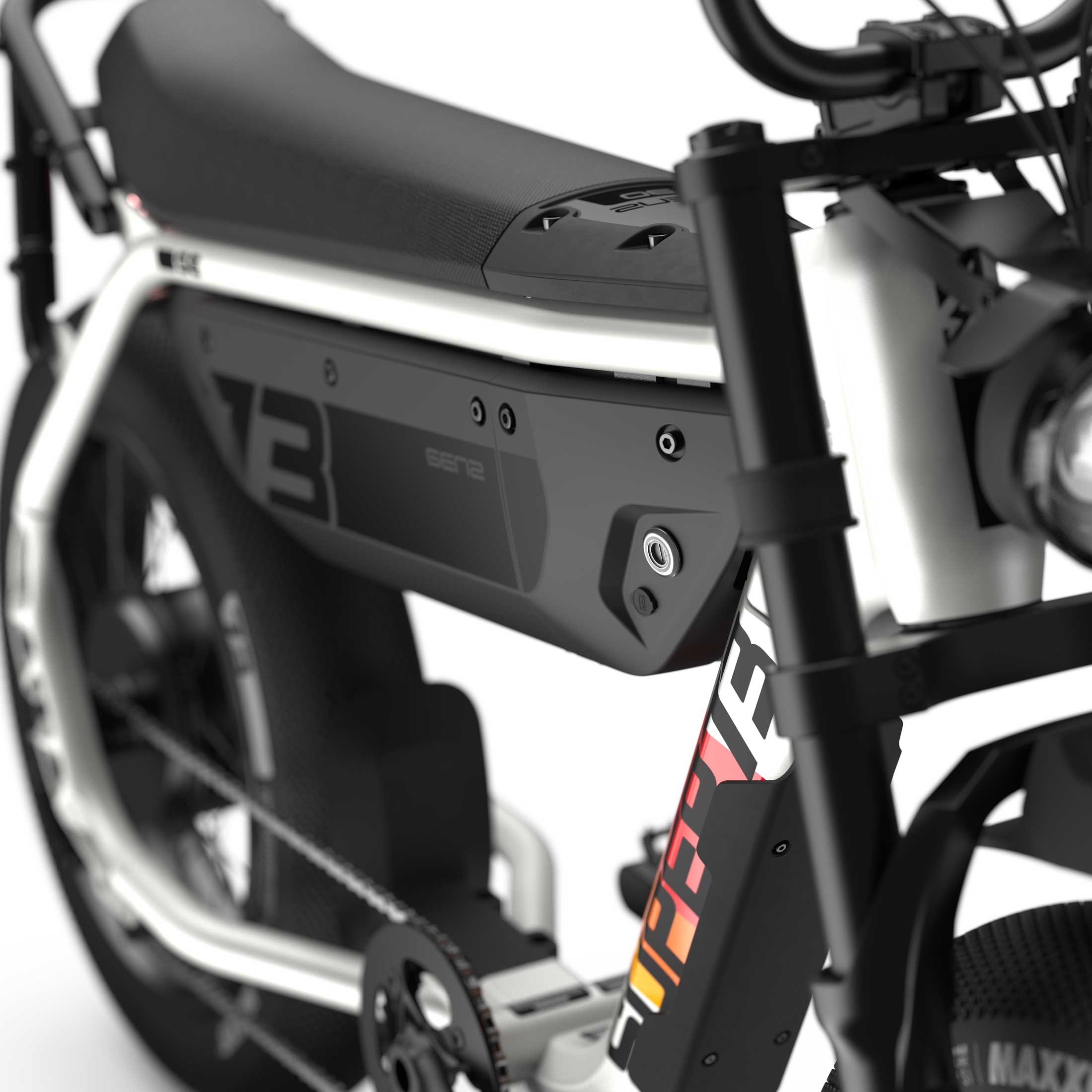 Close up of the seat and battery compartment with branded decals on the SUPER73-M1D SE ebike in Baja.