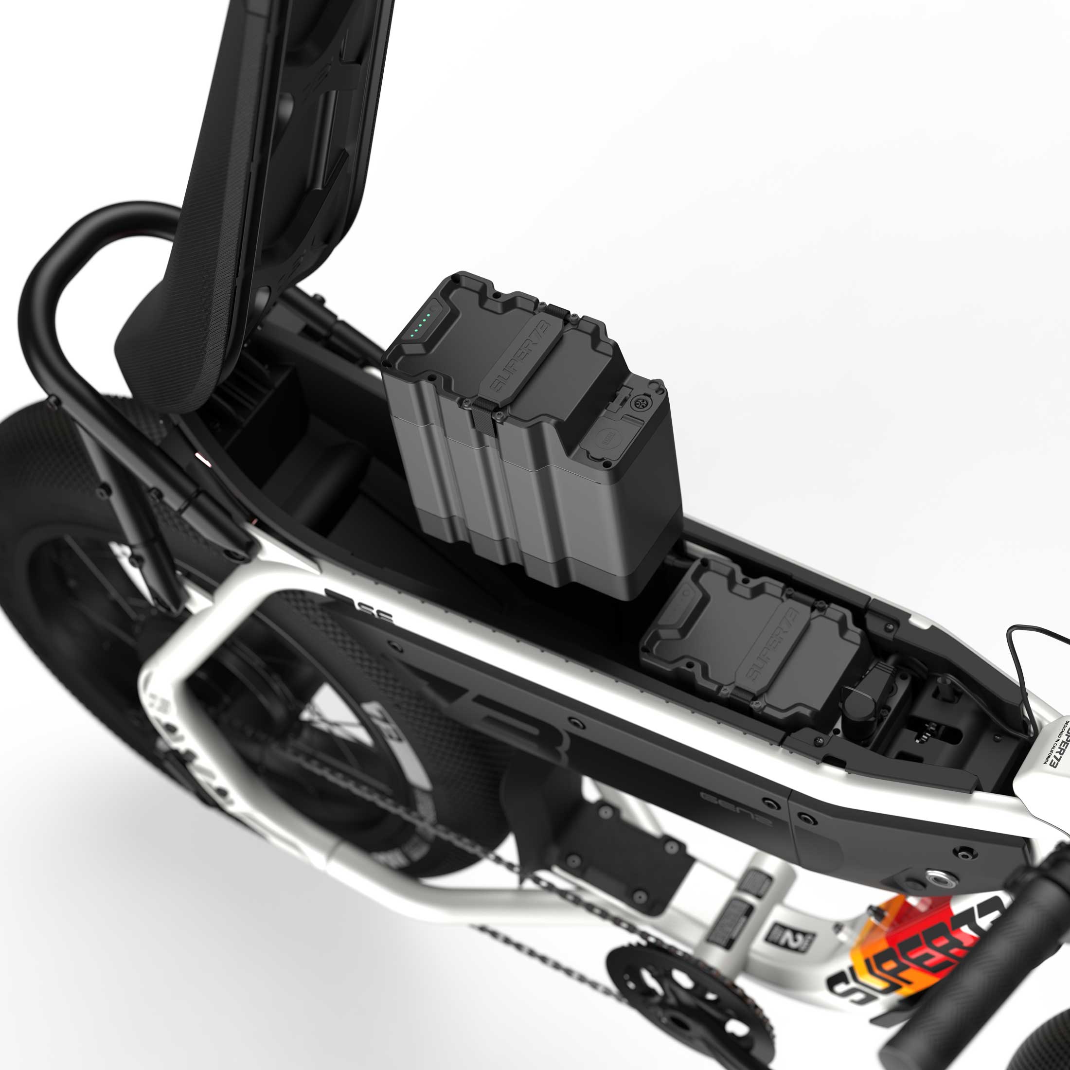 Detail image of the dual battery system on the SUPER73-M1D SE ebike in Baja.
