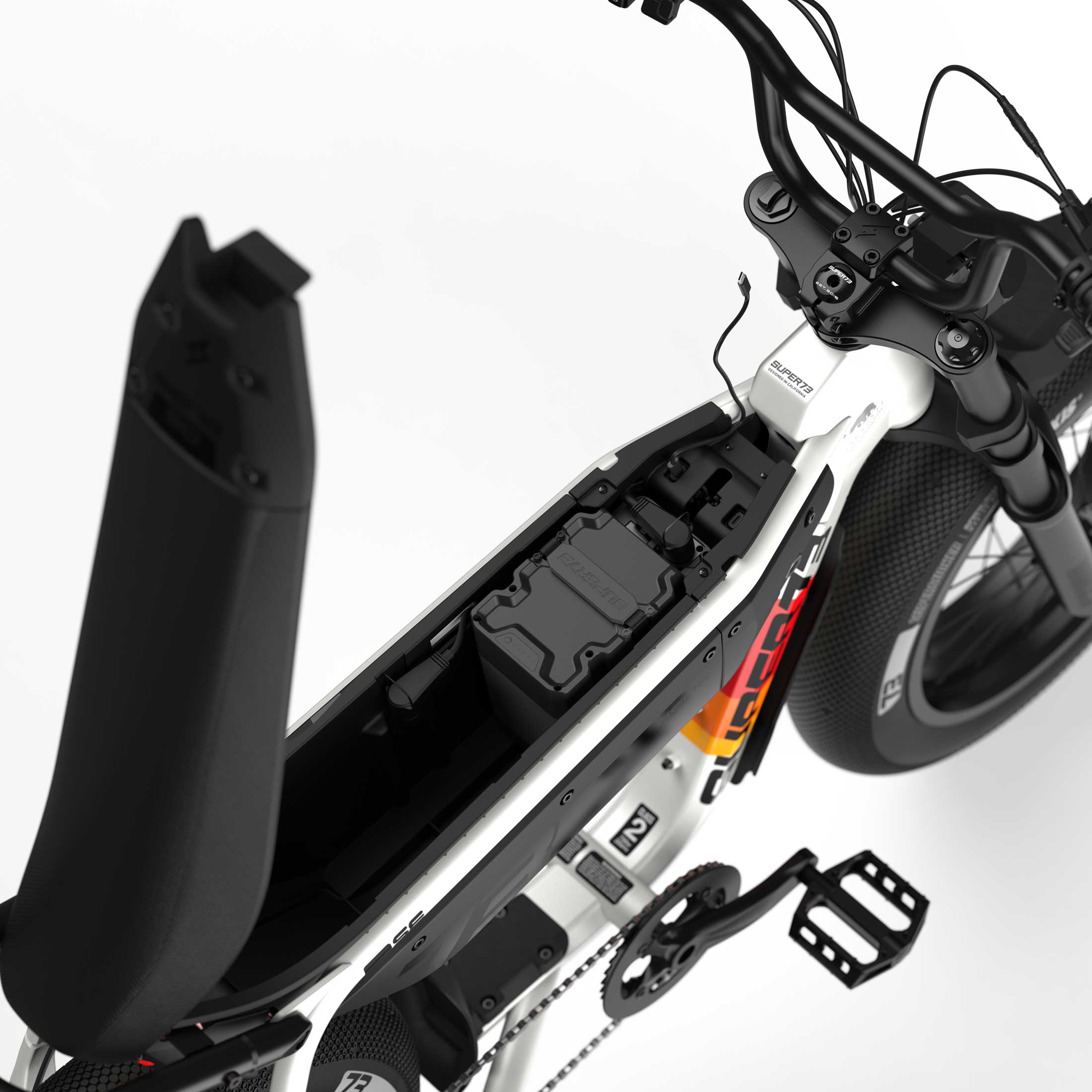Top down view of the battery and in-seat storage on the SUPER73-M1D SE ebike in Baja.
