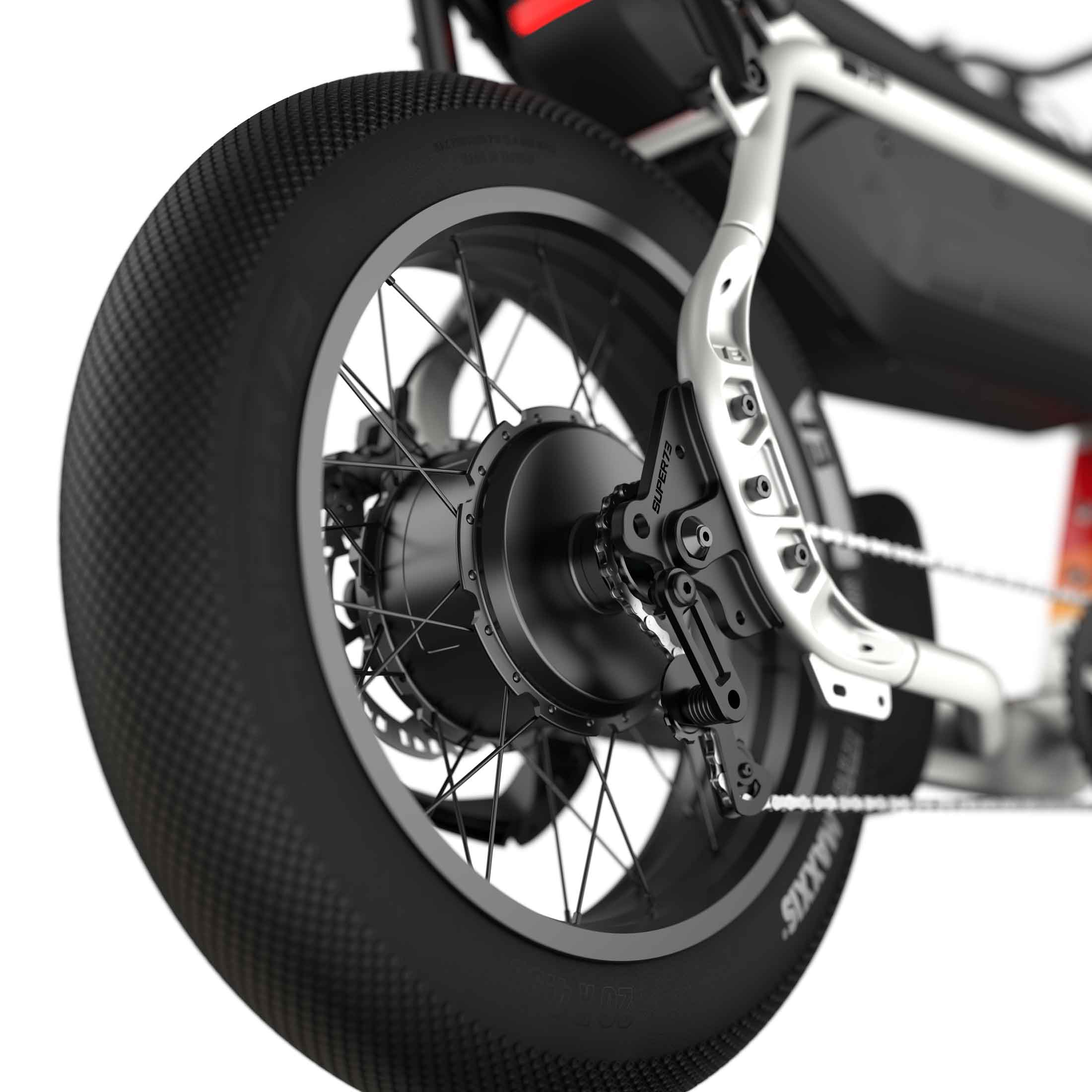 Close up image of the rear tire on the SUPER73-M1D SE ebike in Baja.
