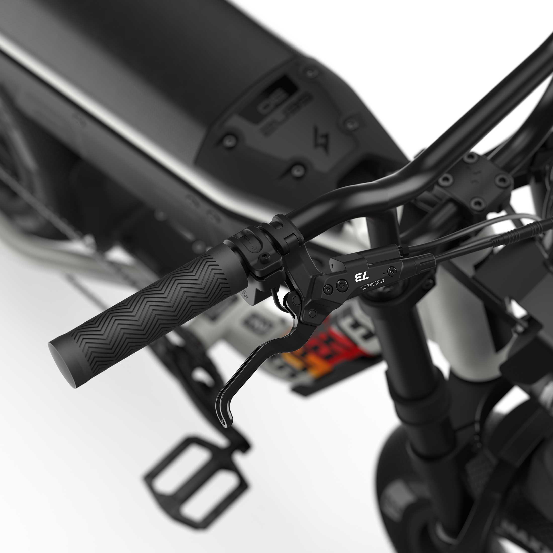 Close up of the handlebars and braking system on the SUPER73-M1D SE ebike in Baja.