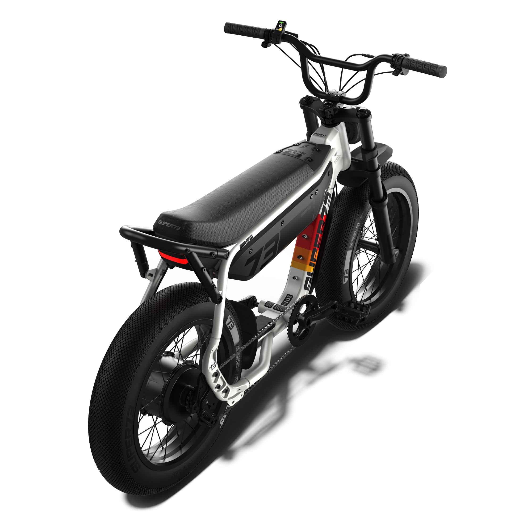 Overhead rear view of the SUPER73-M1D SE ebike in Baja.