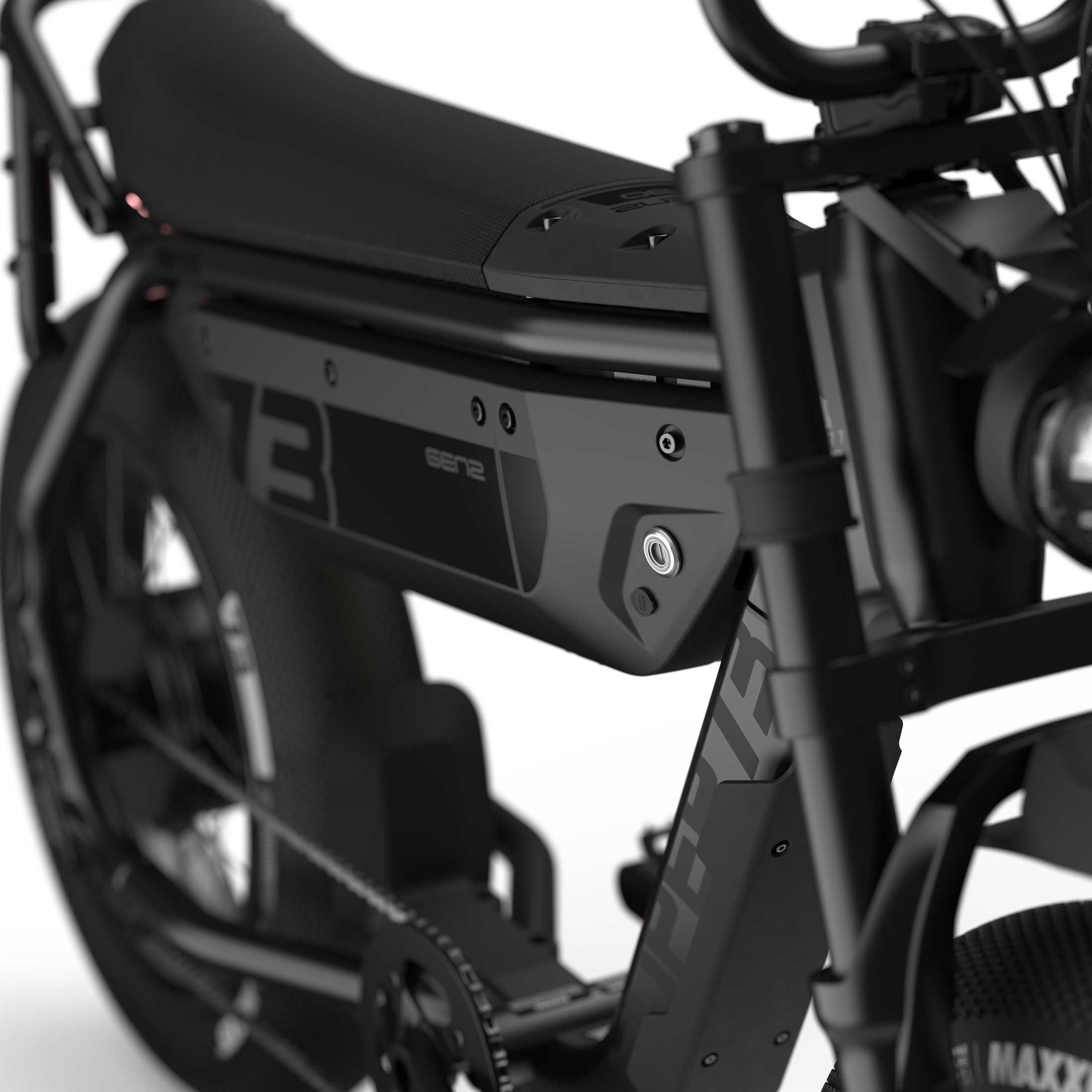 Close up of the seat and battery compartment with branded decals on the SUPER73-M1D SE ebike in Blackout.