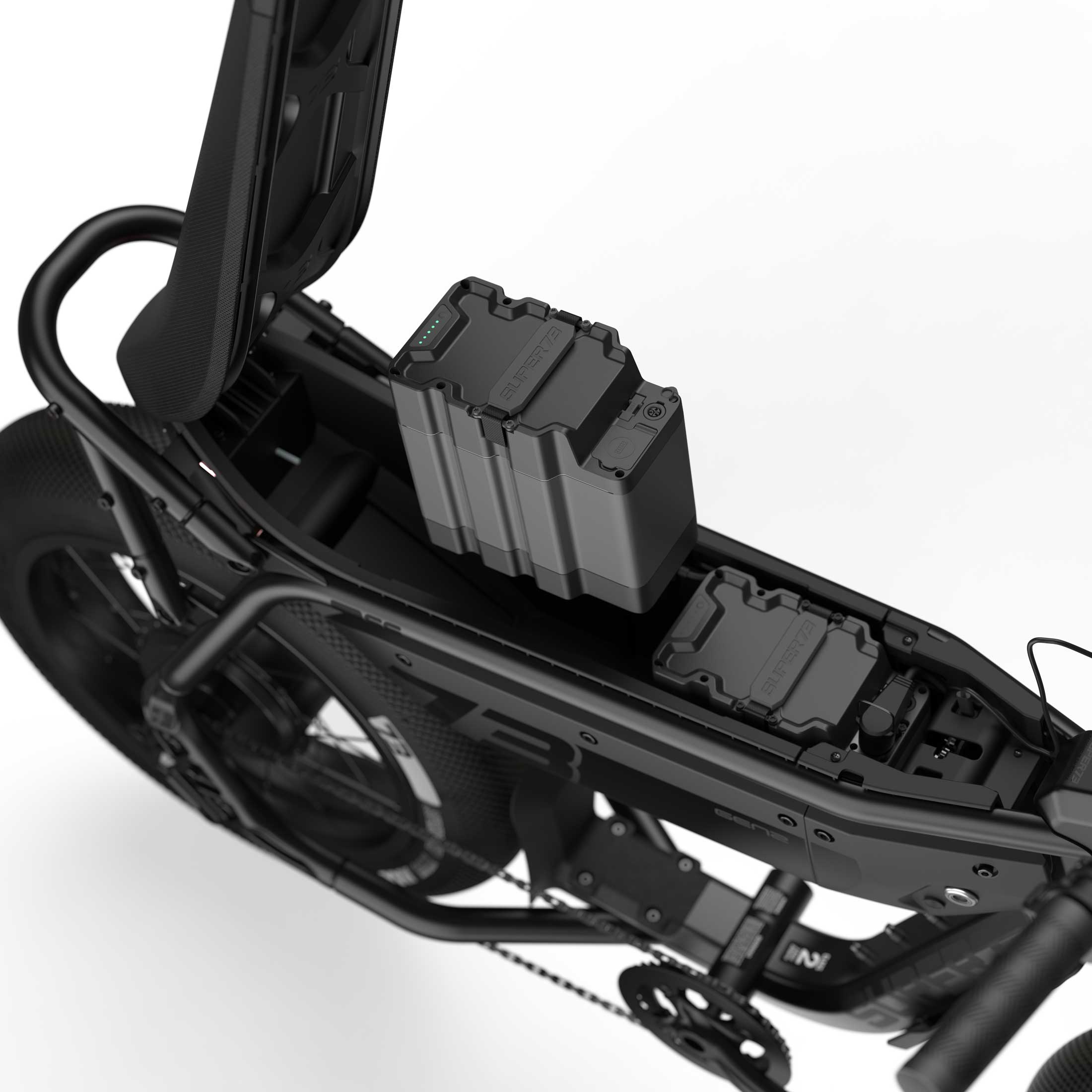 Detail image of the dual battery system on the SUPER73-M1D SE ebike in Blackout.