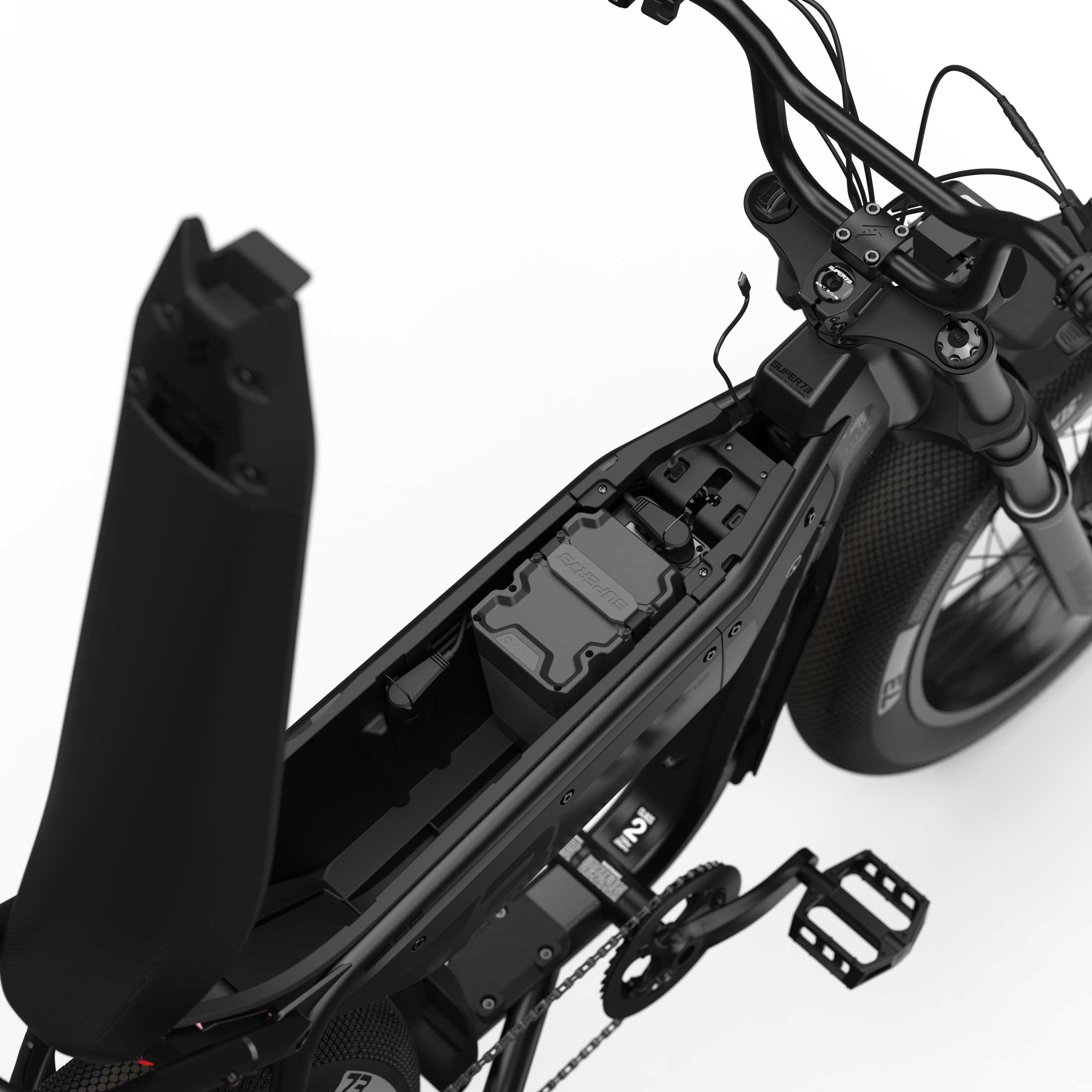 Top down view of the battery and in-seat storage on the SUPER73-M1D SE ebike in Blackout.
