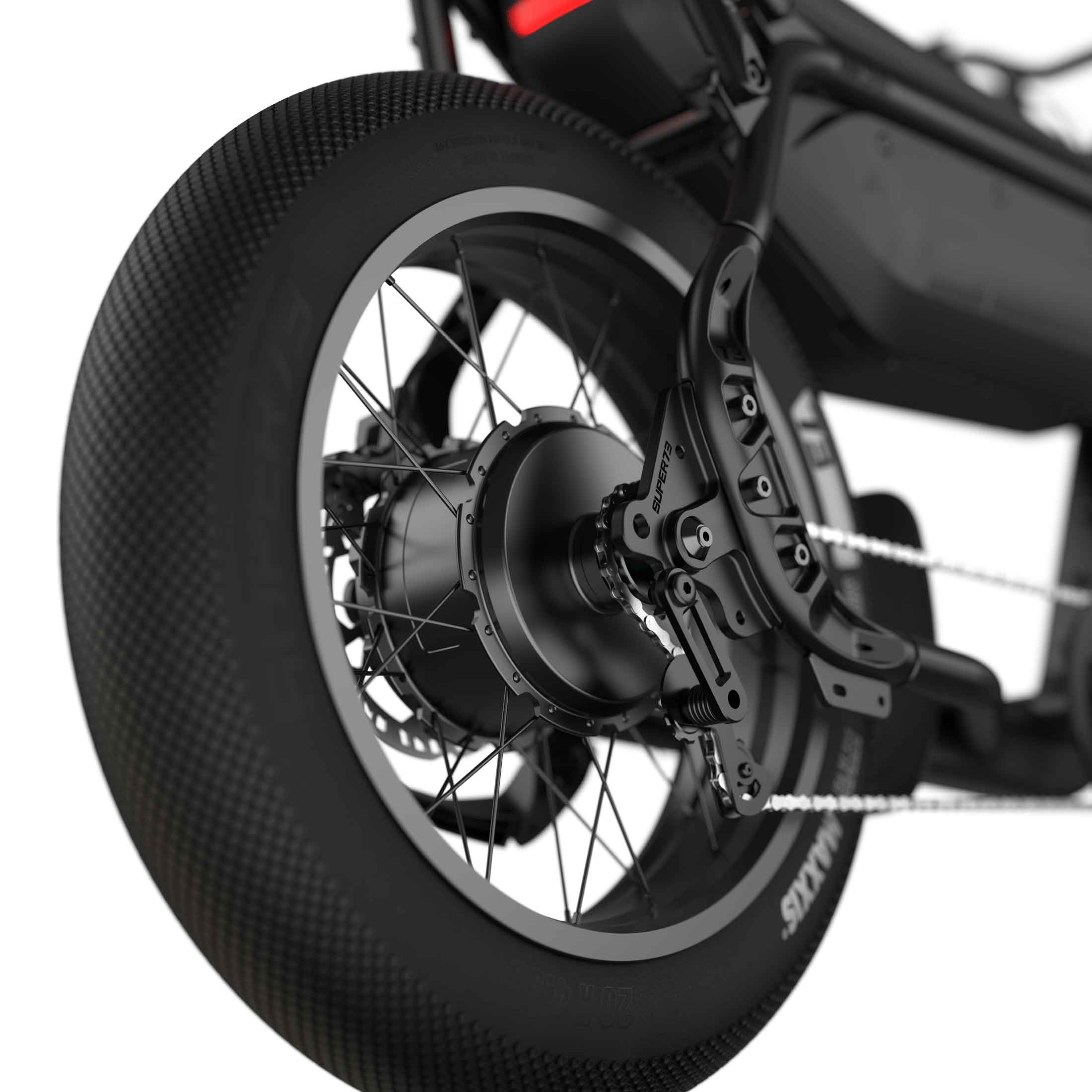 Close up image of the rear tire on the SUPER73-M1D SE ebike in Blackout.