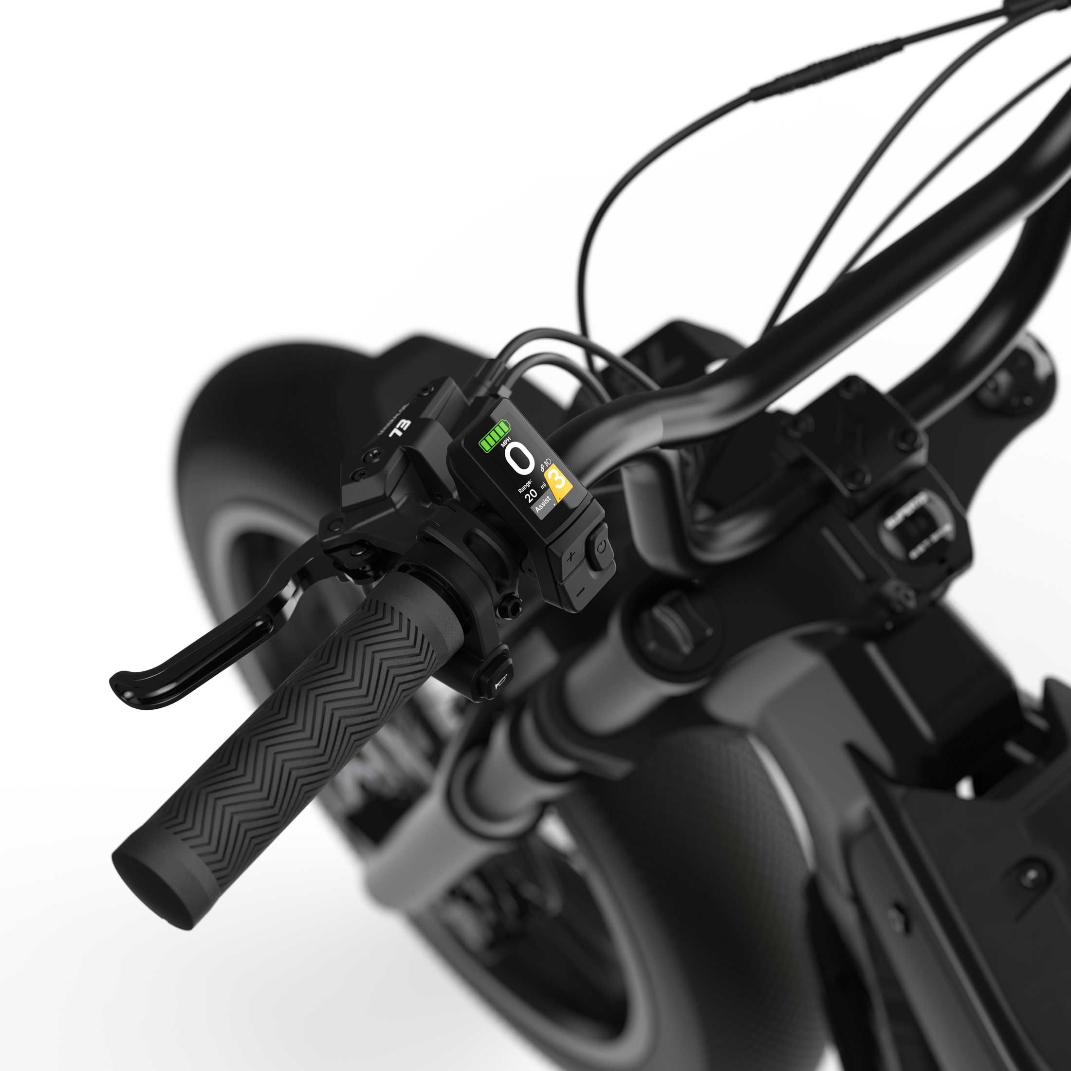 Close up of the display on the SUPER73-M1D SE ebike in Blackout.